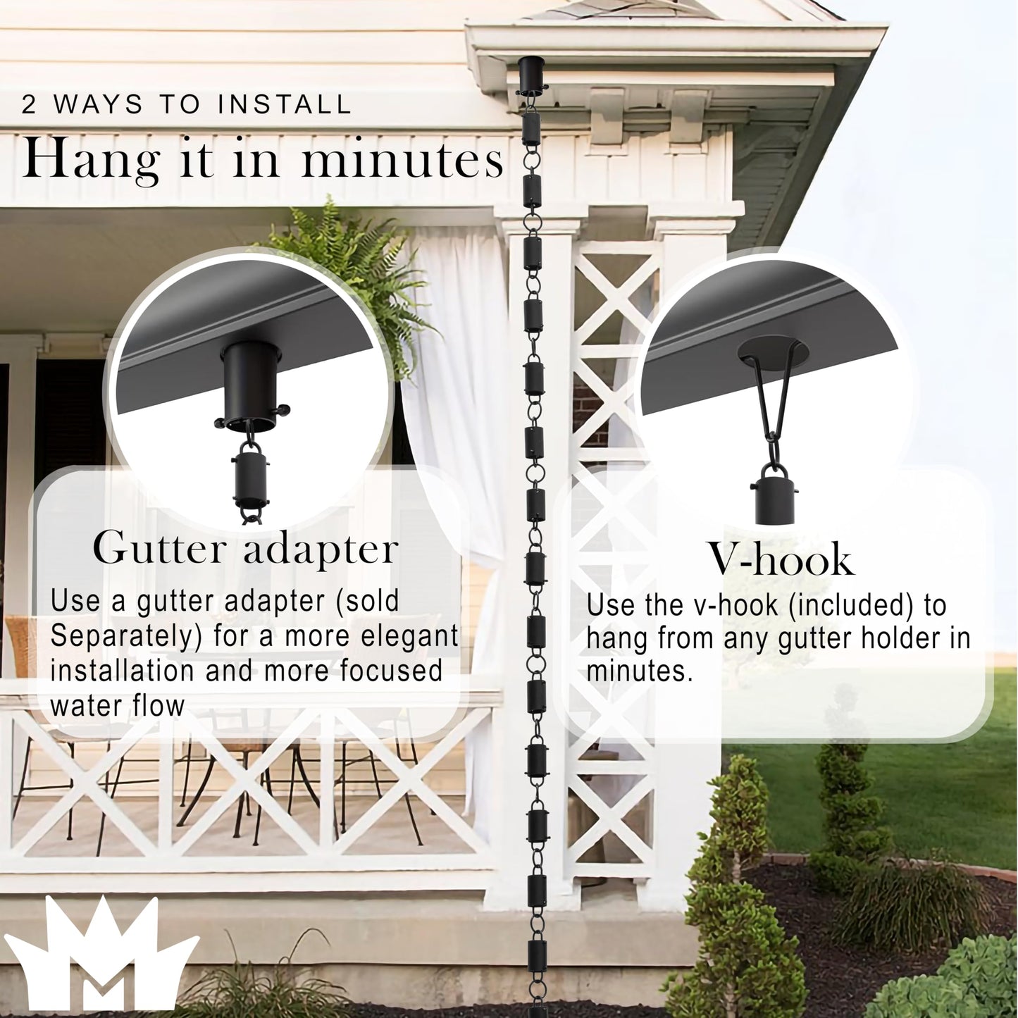 Monarch Rain Chains Aluminum Cylinder Rain Chain, 8.5 feet Black Powder Coated Aluminum Decorative Rain Catcher Chain for Gutters, Aluminum Rain Gutter Replacement Downspout