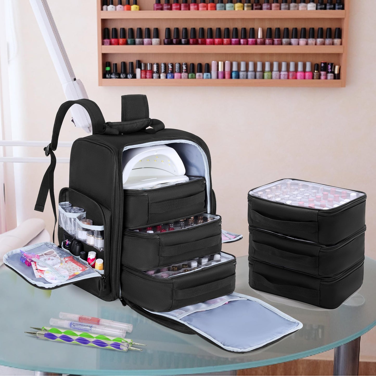 BAFASO Nail Polish Organizer Backpack Holds 105 Bottles (15ml - 0.5fl.oz) and a Nail Lamp, Nail Polish Backpack with 3 Removable Pouches and Multiple Tools Storage Pockets (Patented), Black, Bag Only
