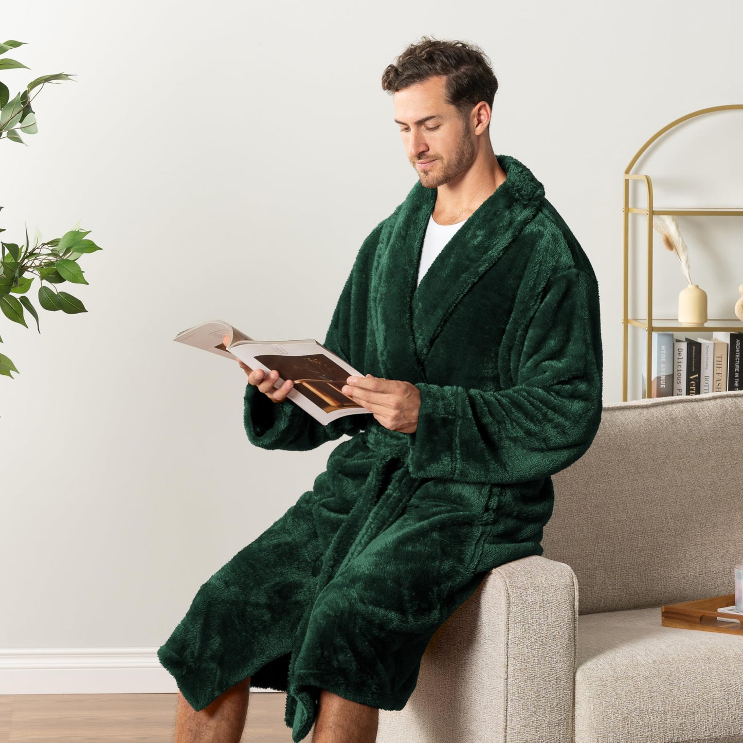 PAVILIA Mens Soft Robe, Plush Fluffy Fleece Bathrobe Men, Long Sherpa Shaggy Fuzzy Spa Bath Robe, Green, Small-Medium
