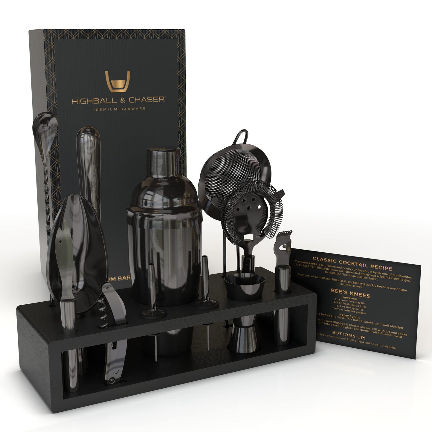 Highball & Chaser 13-Piece Cobbler Cocktail Shaker Set: Black Polished Stainless Steel Bartender Kit for Home Bar Cocktail Set | Cocktail Tools | Plus E-Book with 30 Cocktail Recipes (Gunmetal Black)