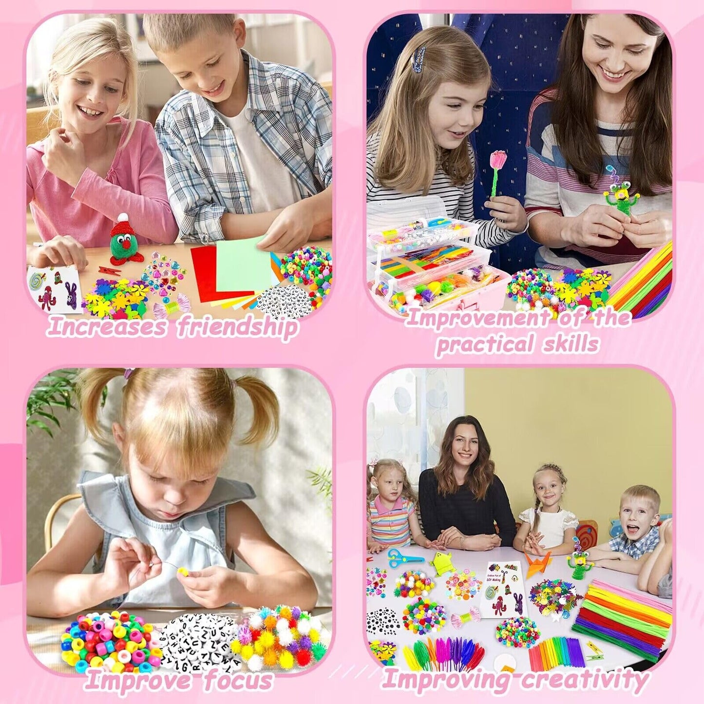 3000 Arts and Crafts Supplies for Kids Craft Kit All in 3 Layered Craft Box with Pipe Cleaners Crafts for Kids Age 4-6, 6-8, 8-12 DIY School Supplies Materials Set Toys Gifts for Girls Boys, Pink