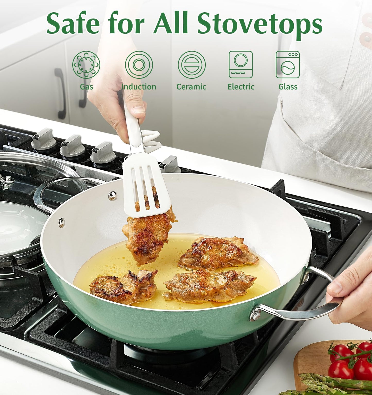 KOCH SYSTEME CS 12 Inch Nonstick Deep Frying Pan, Ceramic Saute Pan with Lid, Healthy Large Skillet, Cookware for All Stove, Induction Compatible, PFOA/PFAS/PTFE Free, Green
