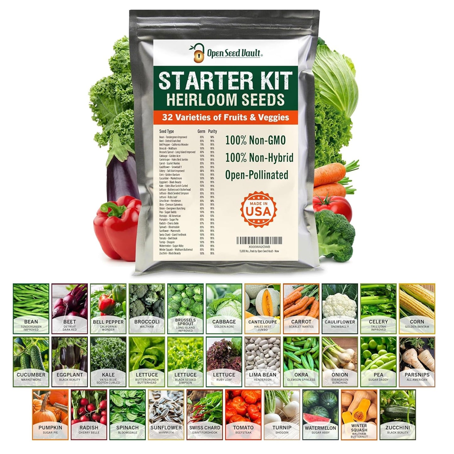15,000+ Non-GMO Heirloom Vegetable Seeds 32 Variety Pack by Open Seed Vault