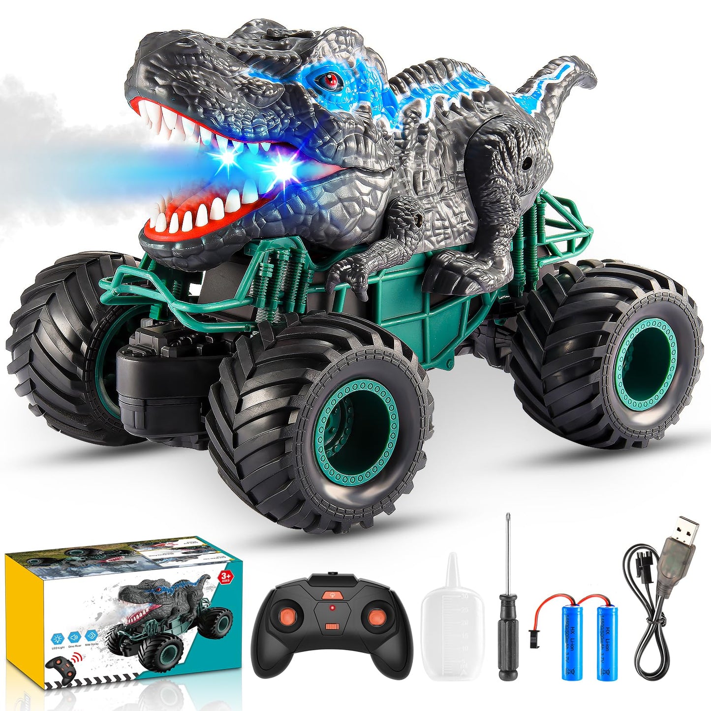 Dinosaur Toys Monster Trucks for Kids, Chardfun Remote Control Cars for Kids Age 3-10 Dinosaur Monster Toys for Boys 4-7 with Light & Sound Spray Stunt Car for Kids Easter Gifts for Kids Boys