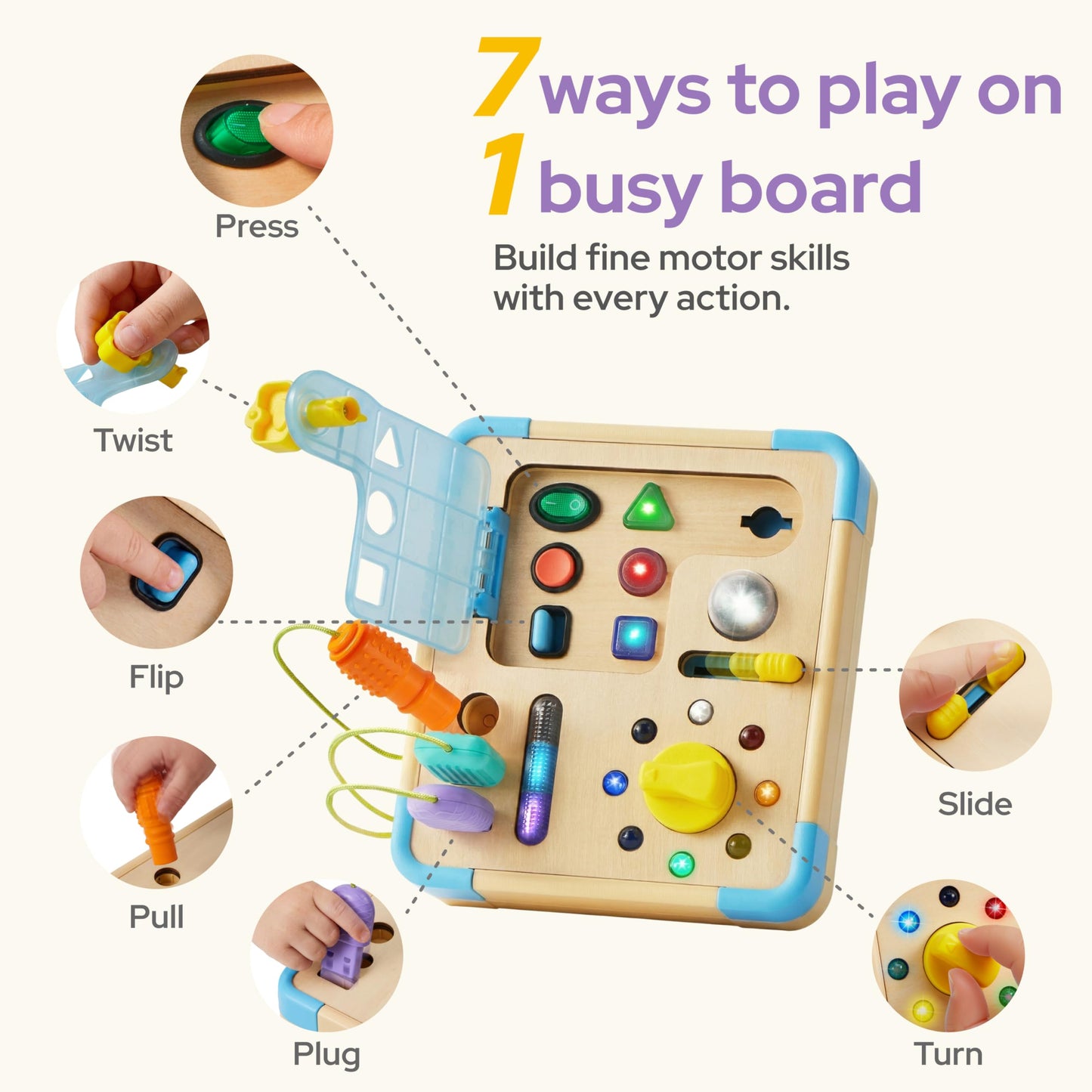 Electronic Busy Board – Montessori-Inspired Pretend Toy with 15 LED Lights & 9 Sound Effects, 5 Interactive Switches & Plugs, Sensory Fun, Early Development, Baby Toys Age 18M+ Old