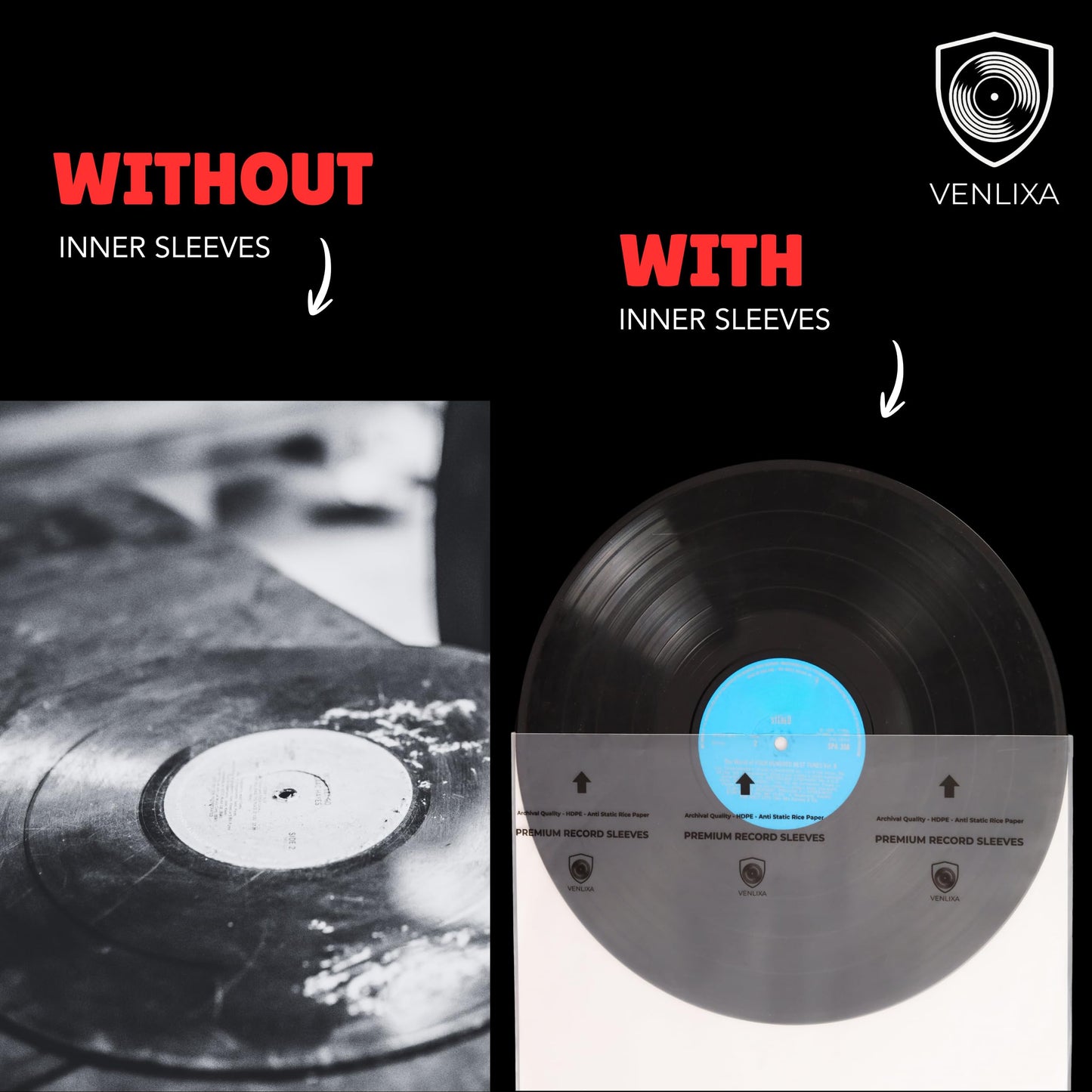 Venlixa 12″ Premium Vinyl Record Inner Sleeves (100 Pack), Anti-Static HDPE Rice Paper LP Covers, Durable Clear Acid-Free Album & Sleeves Protect Records from Moisture, Dust and Scratches