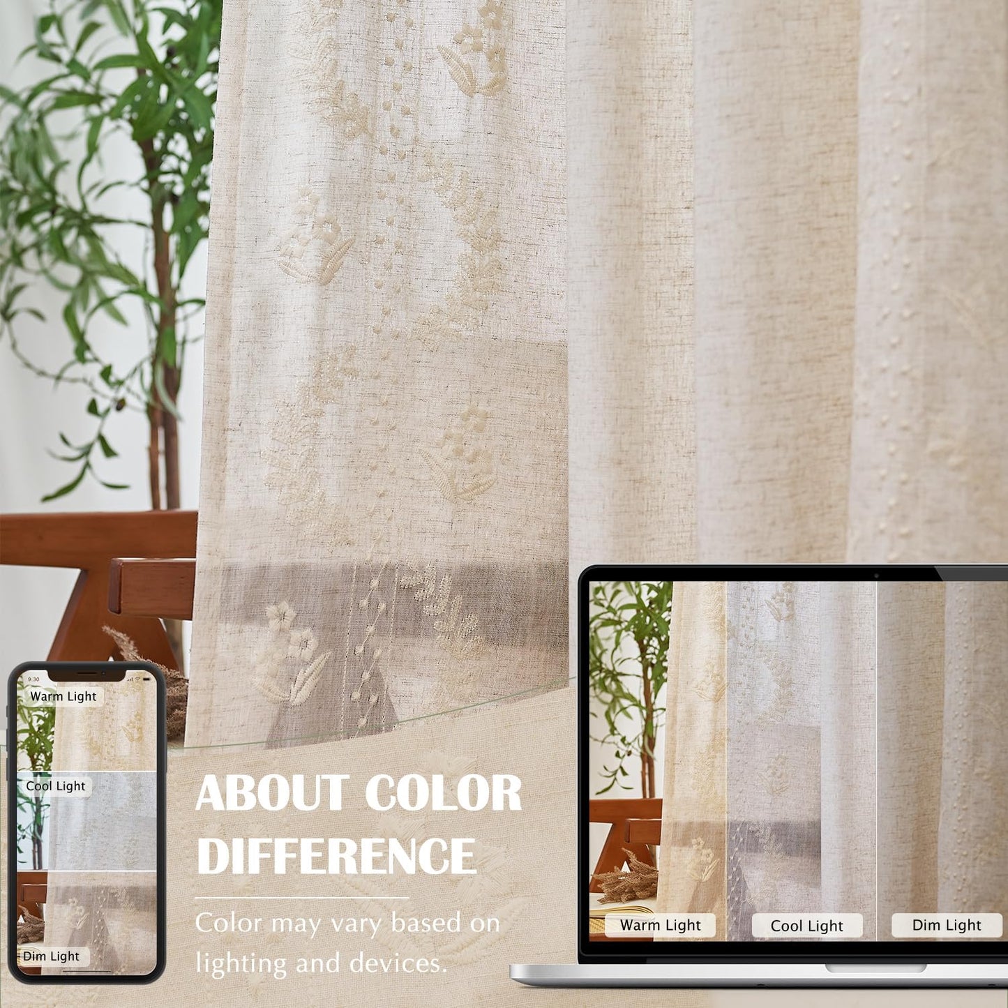 JINCHAN Linen Curtains for Bedroom Floral Curtains 84 Inch Length Linen Blend Ivory Embroidered Drapes Farmhouse Flower Patterned Drapes for Living Room Window Treatments Set 2 Panels