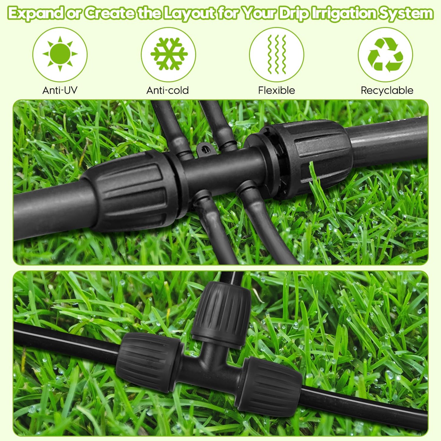 50 FT 1/2 Inch Drip Irrigation Tubing Kit-Drip Line Irrigation Hose 1/2 Inch with 1/2" to 1/4" Barbed Locked 6-Way & 1/2" Tee Connectors-Drip Tube Irrigation Fittings System Parts for Garden Watering