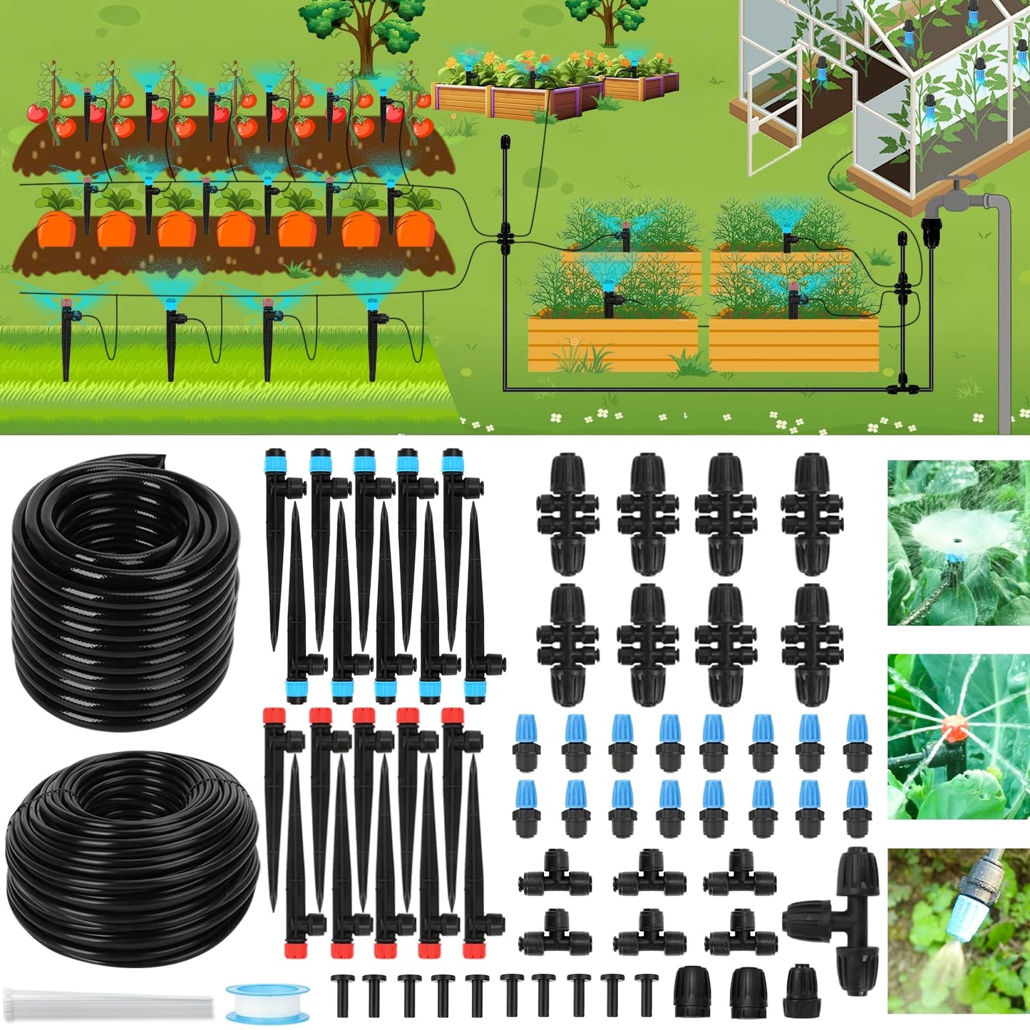 Drip Irrigation Kit – 2025 New Quick-Connect Micro Irrigation System with 46FT 1/2'' Tubing, Locking Nozzle Emitters, Adjustable Misting Sprayers for Gardens, Lawns, Raised Beds and Greenhouses