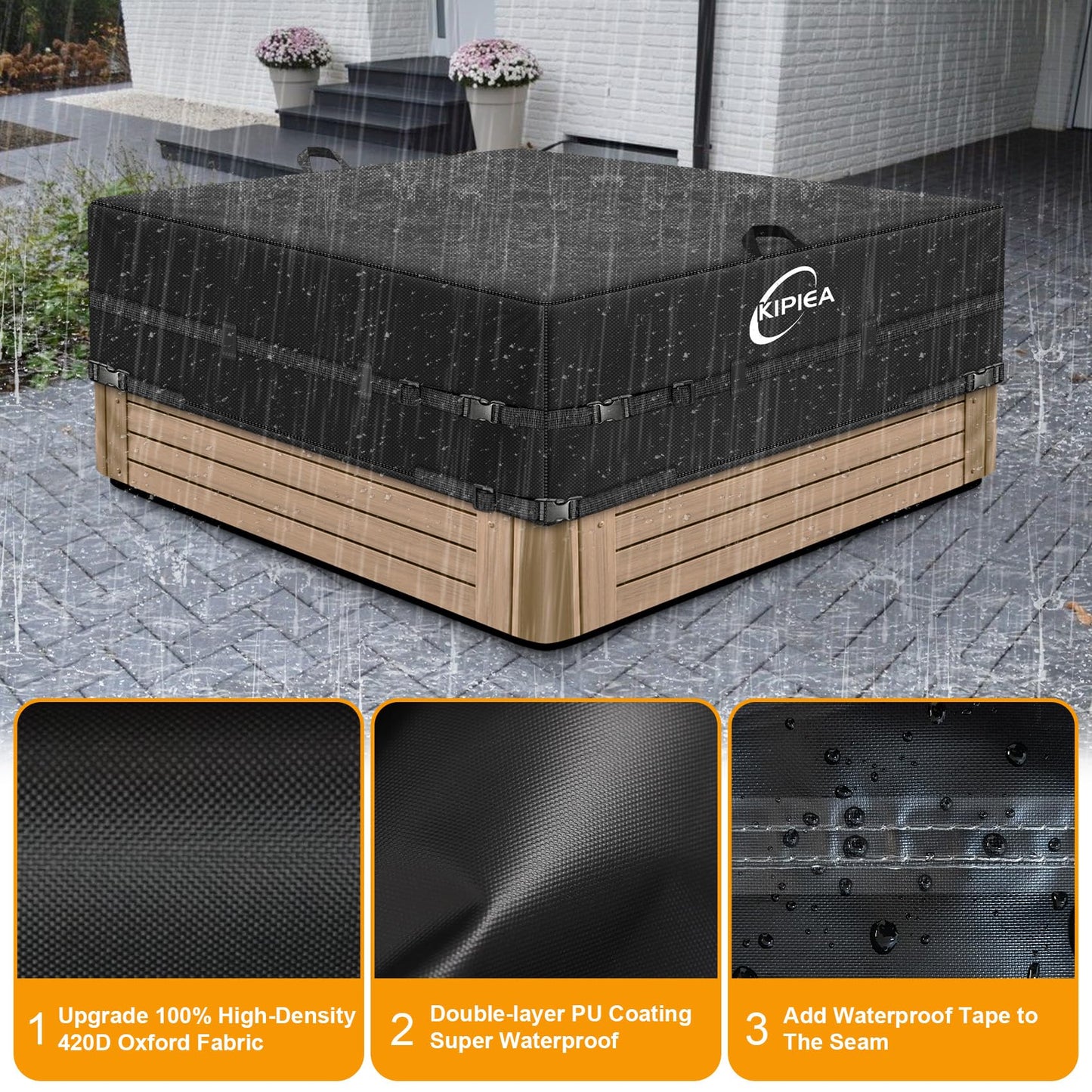 Kipiea Waterproof Square Hot Tub Cover Protector, Heavy Duty Polyester SPA Cover UV Protection Cover for Hot Tub (93" L x 93" W x 20" H)
