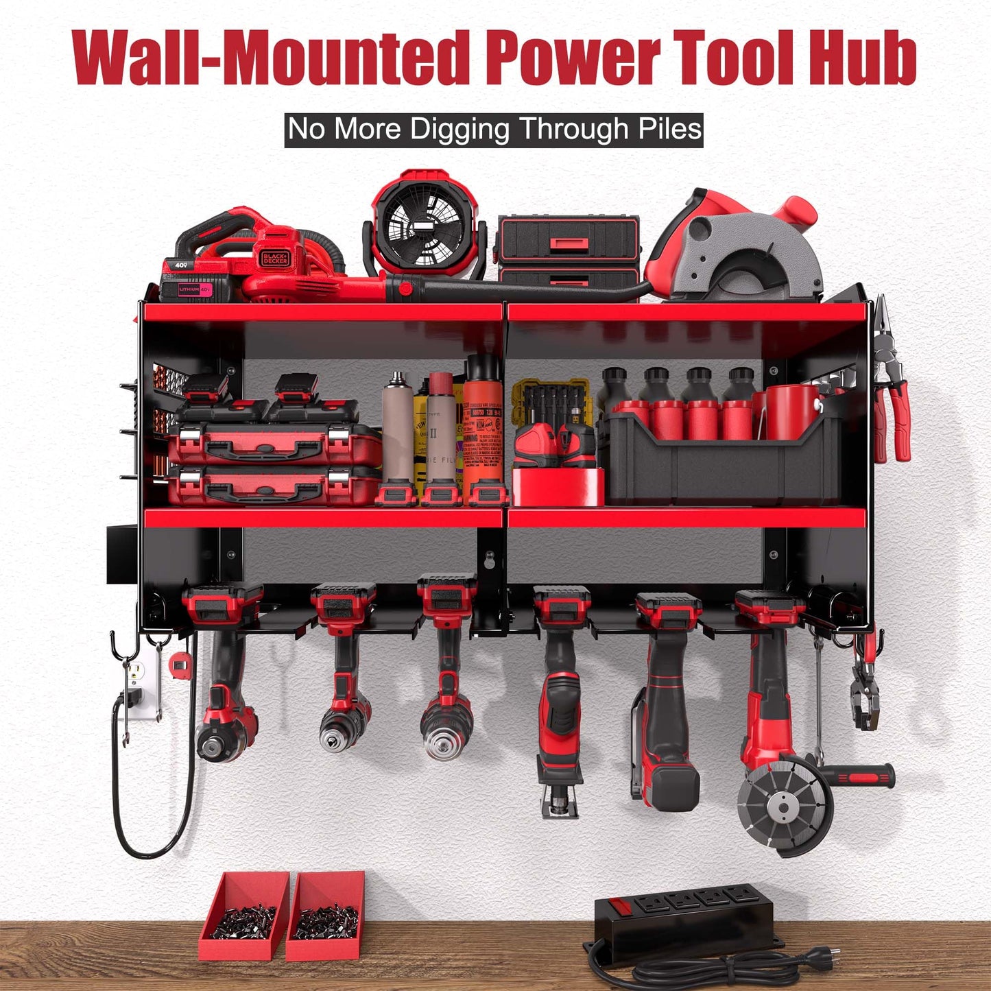Spampur Power Tool Organizer Wall Mount with Charging Station – 420 lb Capacity 3-Tier Holds 6 Drills, Side Slots for Screwdrivers & Bits, for Garage Workshop, Gift for Men