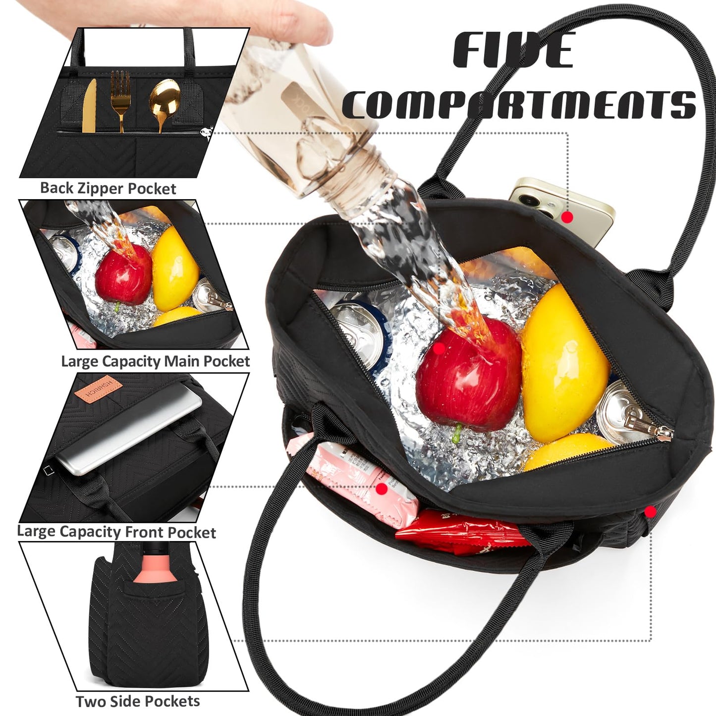 Lunch Bag for Women, Insulated Lunch Box for Work, Large Leakproof Cooler Purse with Side Pockets & Removable Shoulder Strap Women's Lunch Tote Bag for Picnic Work Beach Cute Lunch Bags (Black)