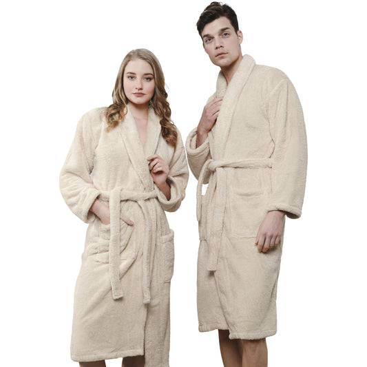American Soft Linen Warm Fleece Robe, Mens and Womens Robe Fuzzy, 1 Piece Unisex Plush Adult Bathrobe for Bathroom, Beige, Large-X-Large