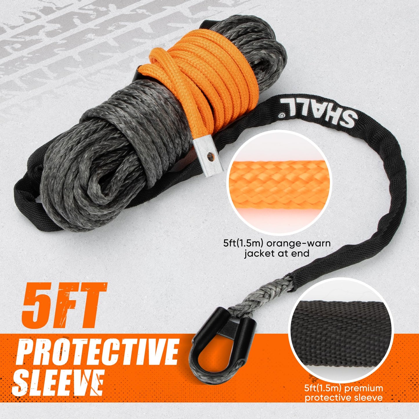 SHALL 1/4 Inch x 50 Feet Synthetic Winch Rope 10,000LBS Winch Line with Protective Sleeve & Forged Winch Hook & Safety Pull Strap for ATV UTV Offroad Vehicle