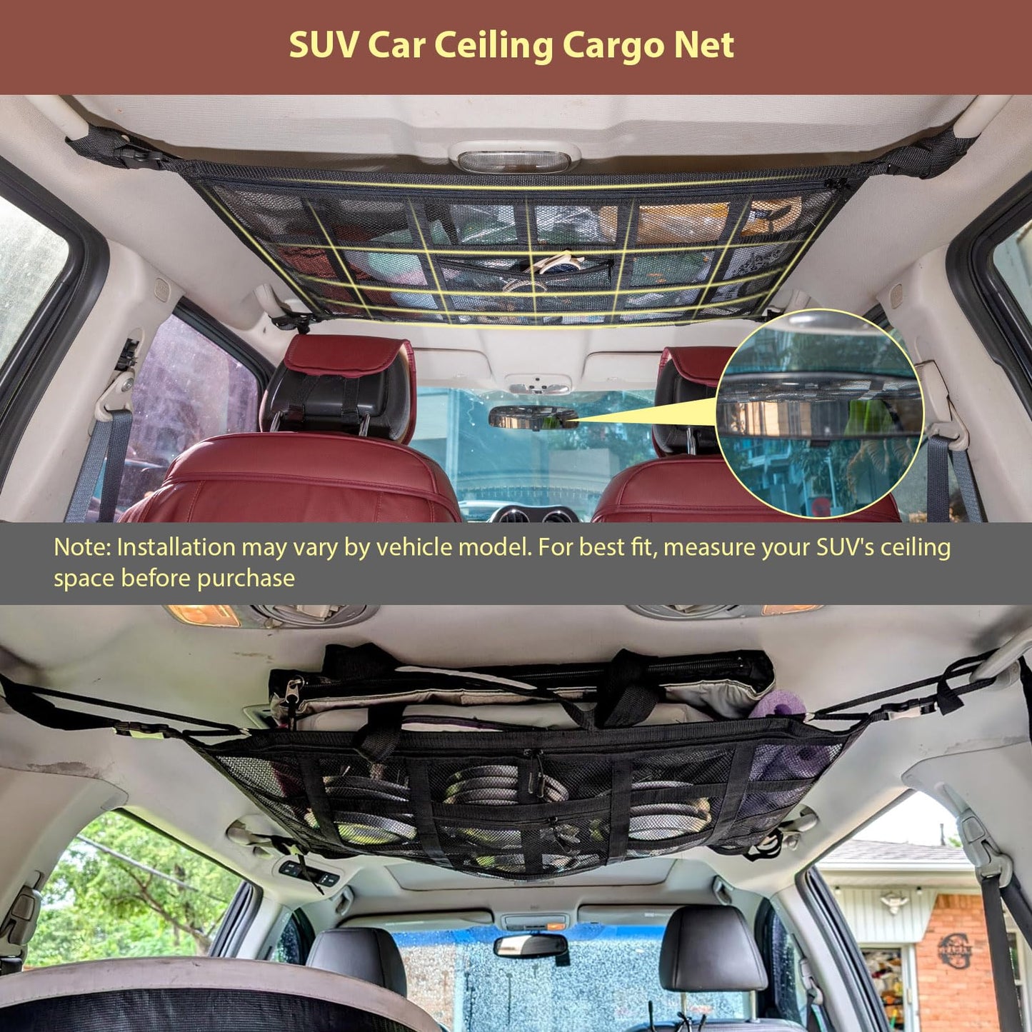 Upgrade Car Ceiling Cargo Net Pocket,31.5"x21.6" Strengthen Load-Bearing and Droop Less Double-Layer Mesh Car Roof Storage Organizer,Truck SUV Travel Long Road Trip Camping Interior Accessories