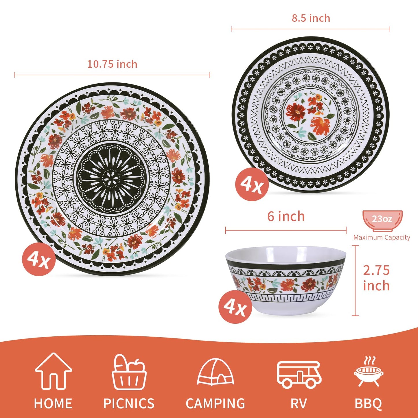 Gofunfun 12-Piece Melamine Dinnerware Sets,Unbreakable Dinnerware for Indoor and Outdoor Use, Dishwasher Safe, Lightweight Dinner Service for 4, Black and White, Retro Flower, ZS-DM011