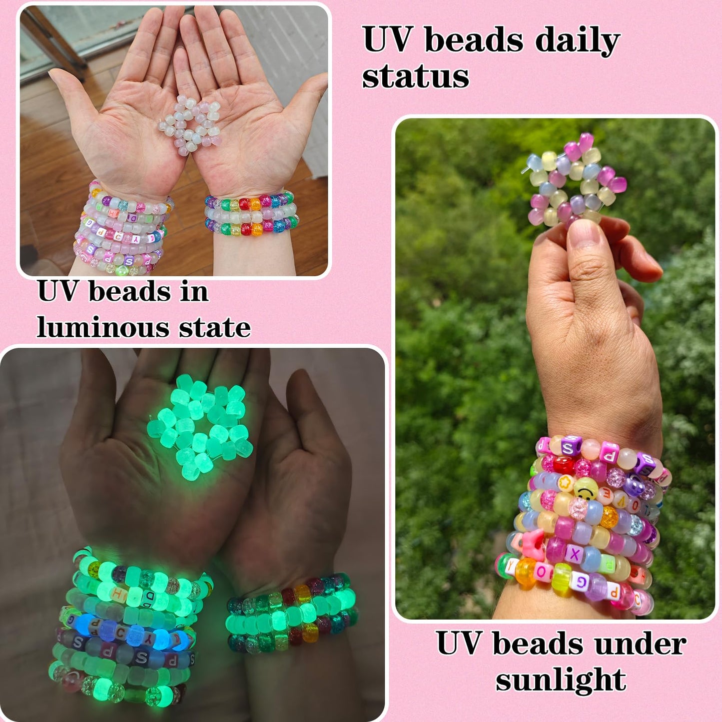 6 Boxes Bracelet Making Kit Pony Beads, 8mm Kandi Rave & Hair Beads Set with UV Color Changing, Glow-in-Dark, Chrome & Alphabet Letters for Friendship Jewelry DIY Crafts