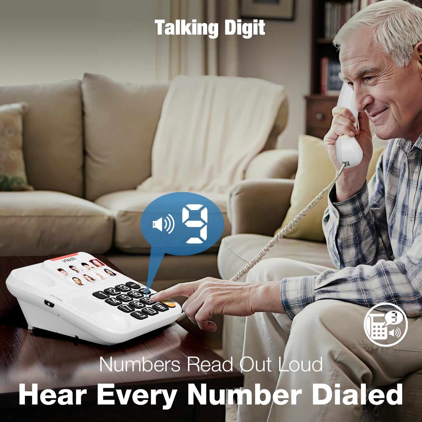 VTech Corded Phone with Oversized High-Contrast Buttons, 8 Photo Speed Dial, Large Buttons, Talking Digits for Seniors, Visual Ringer, Full-Duplex, Earpiece and Speakerphone Volume Control | SN1117