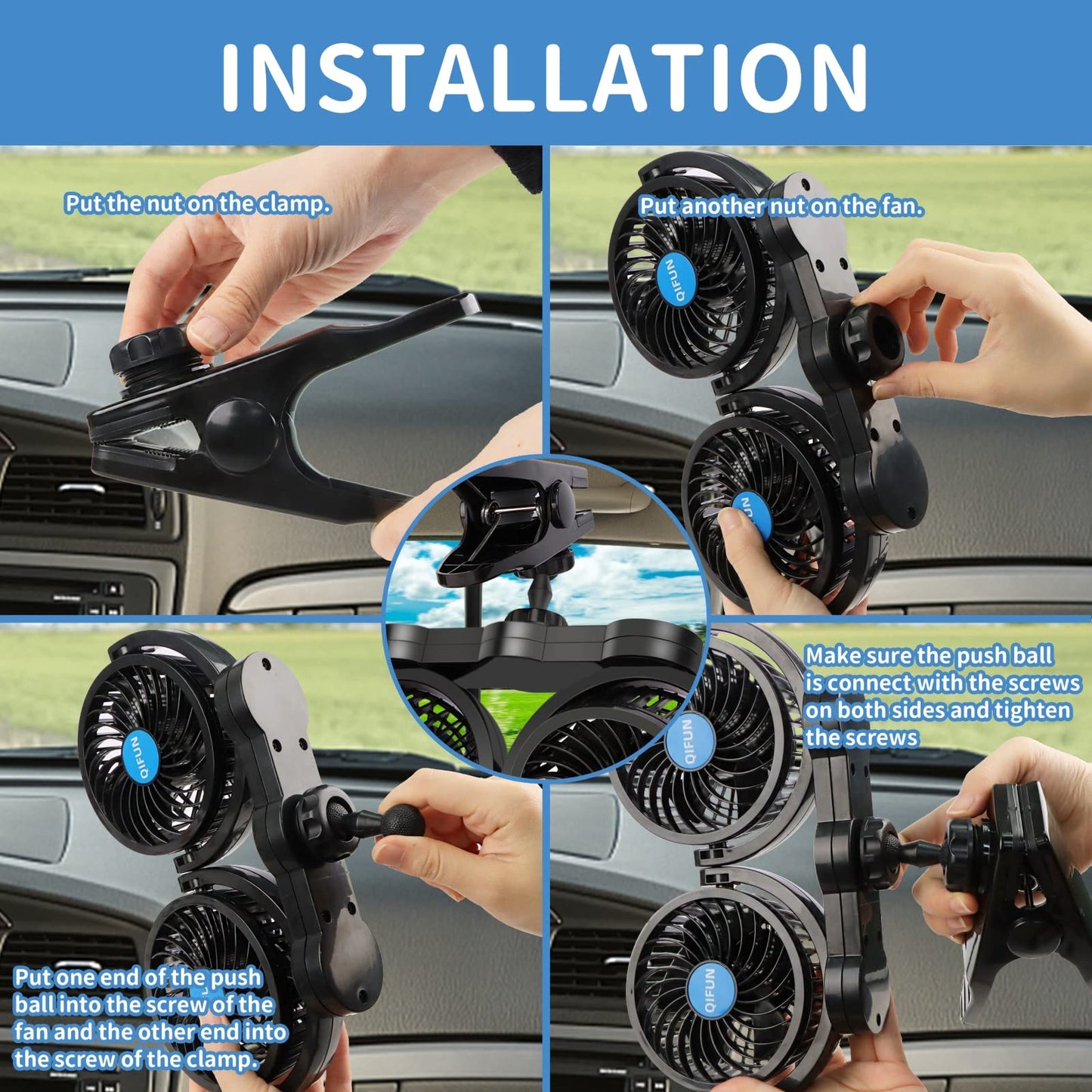QIFUN Car Fan Adjustable Dual Head 12V 360° Rotatable 4 Inches Car Clip Fan for Front/Rear Seat Passenger Car Essentials Cooler with Stepless Speed Regulation for Vehicle SUV, RV