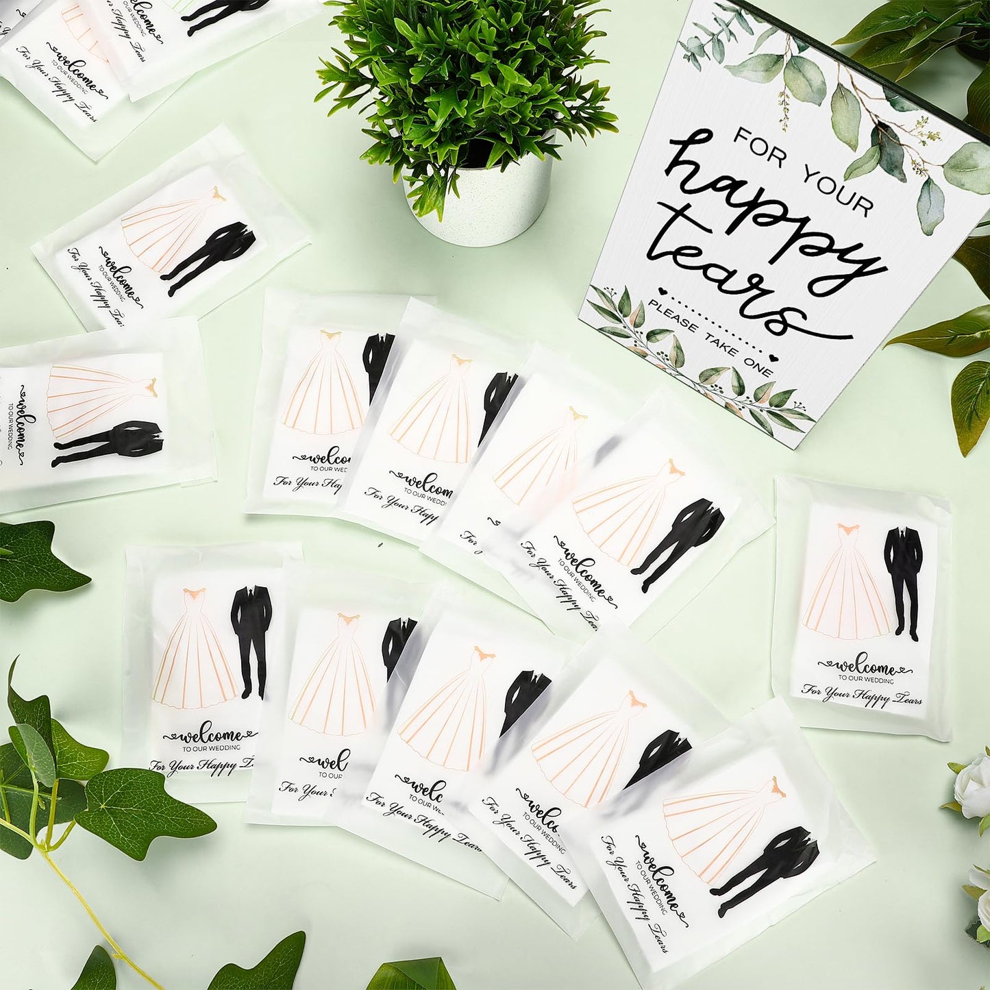 Beeveer Happy Tears Tissue Packs for Wedding 1 Wood Sign 100 Pcs 3 Ply for Your Happy Tears Wedding Tissues for Hotel Guests Party Supplies