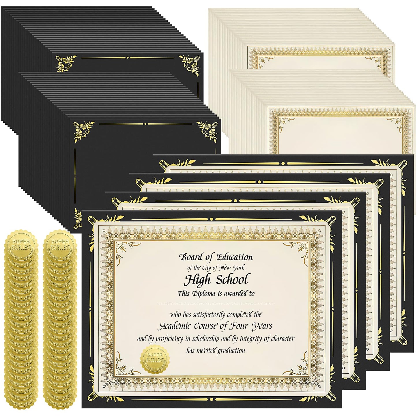 50 Sets Certificate Kit Includes 50 Pcs 9.5 x 12 Inch Certificate Holders 50 Pcs Letter Size Certificate Papers 50 Pcs Gold Foil Award Seals Diploma Covers for Appreciation