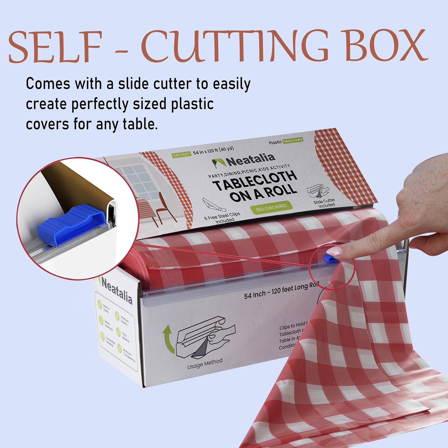 Neatalia Red Checkered Plastic Table Cover Roll - 54 in X 120 Ft - Disposable Red Checkered Table Cloth Roll with Cutter Box Great for Parties and Banquets Disposable Tablecloth Rolls | 6 Cover Clips