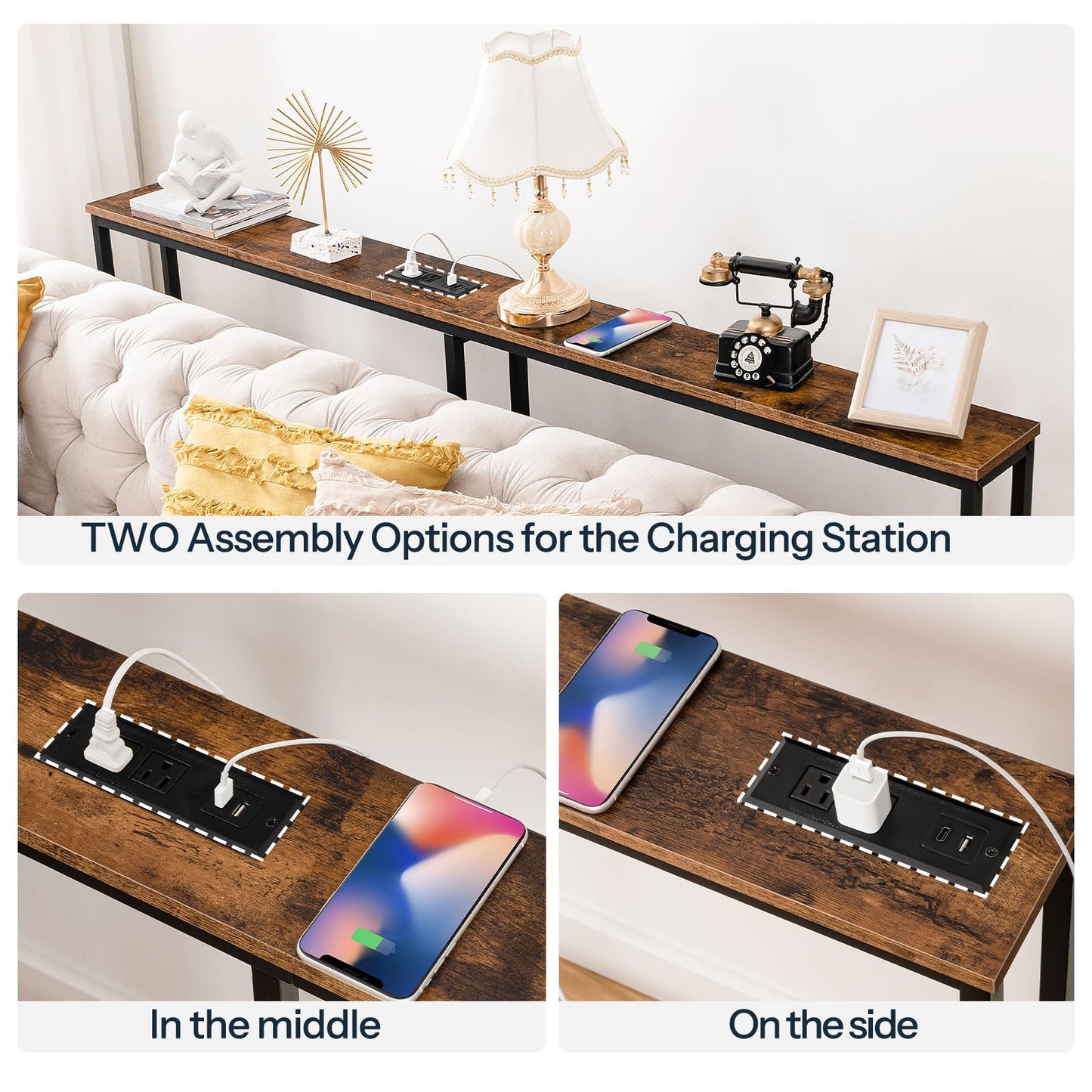 HOOBRO 160 cm Skinny Console Table with Charging Station, Narrow Entryway Table with Power Outlets, Slim Sofa Table, Behind Couch Table for Hallway, Living Room, Foyer, Rustic Brown BF165UXG01G1