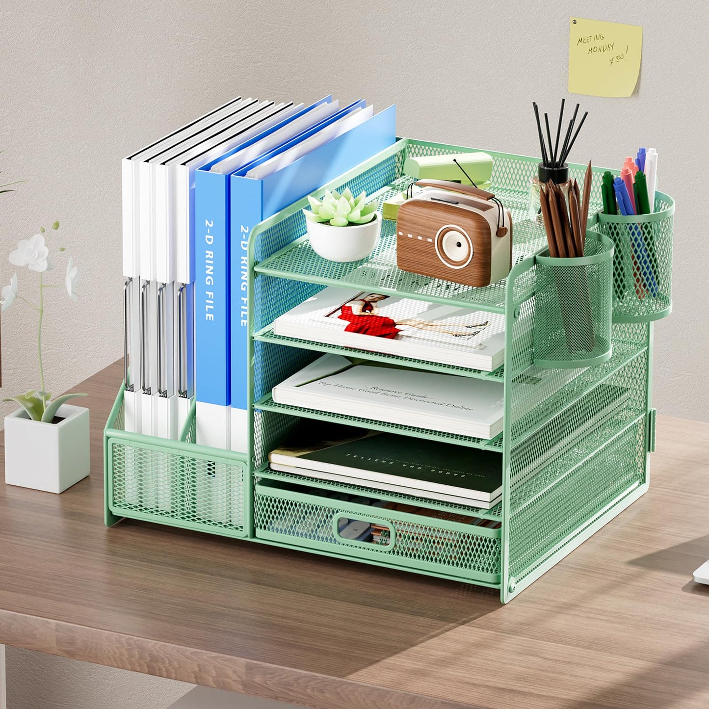 Marbrasse Desk Organizer with File Holder, 5 Tier Paper Letter Tray with Drawer and 2 Pen Holders, Document Organizer with Magazine Holder for School, Home, Office Supplies (Green)