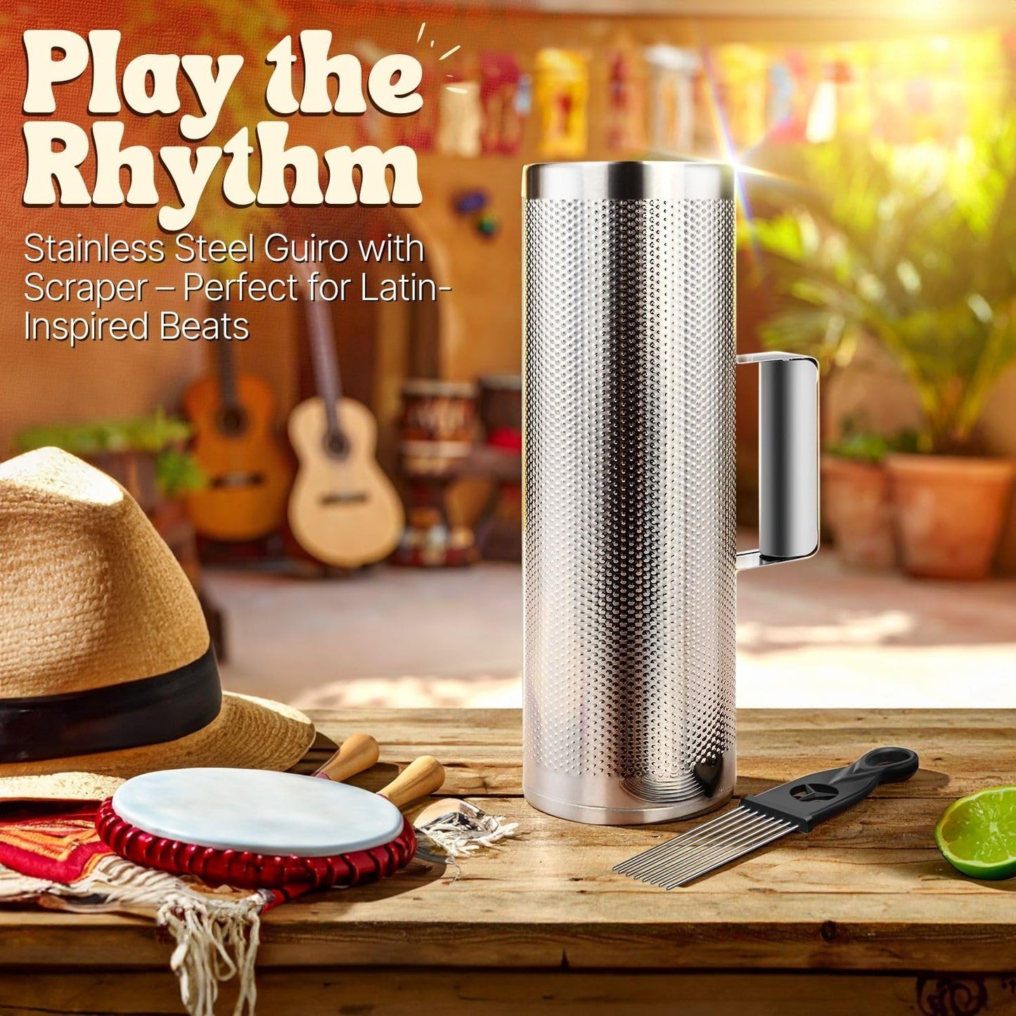 Flexzion Metal Guiro with Scraper Shack 4" x 12" - Merengue Guira Dominicana - Round Cylinder Stainless Steel Hand Musical Instrument Percussion for Jazz Bands, Concerts, and Live Performances