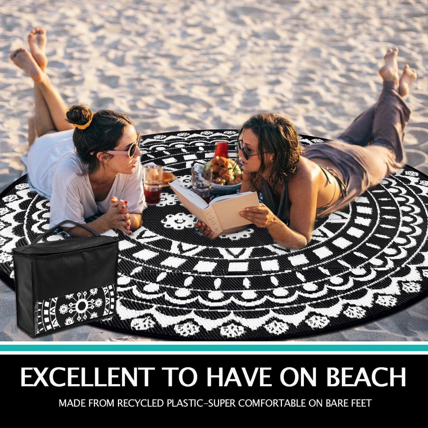 Capslpad Round Outdoor Rug for Patio 8' Reversible Mat Waterproof Plastic Straw Rug Boho Round Indoor Outdoor Area Rug for RV,Backyard,Balcony,Deck,Tent,Picnic,Beach,Camping