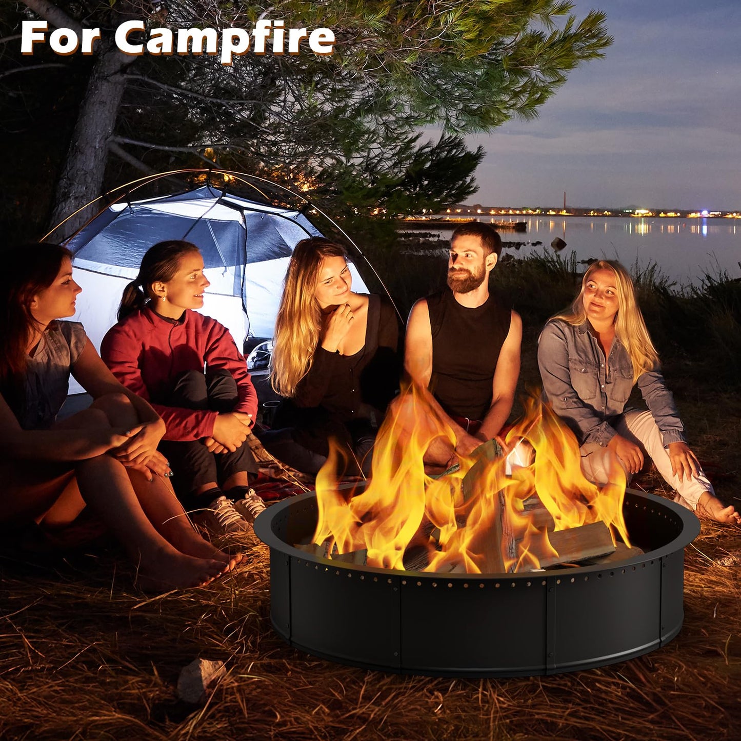 mapleway Smokeless Fire Pit Ring, 42inch Large Round Portable Metal Firepit Accessories for Outside Wood Burning Patio Camping Bonfire Campfire