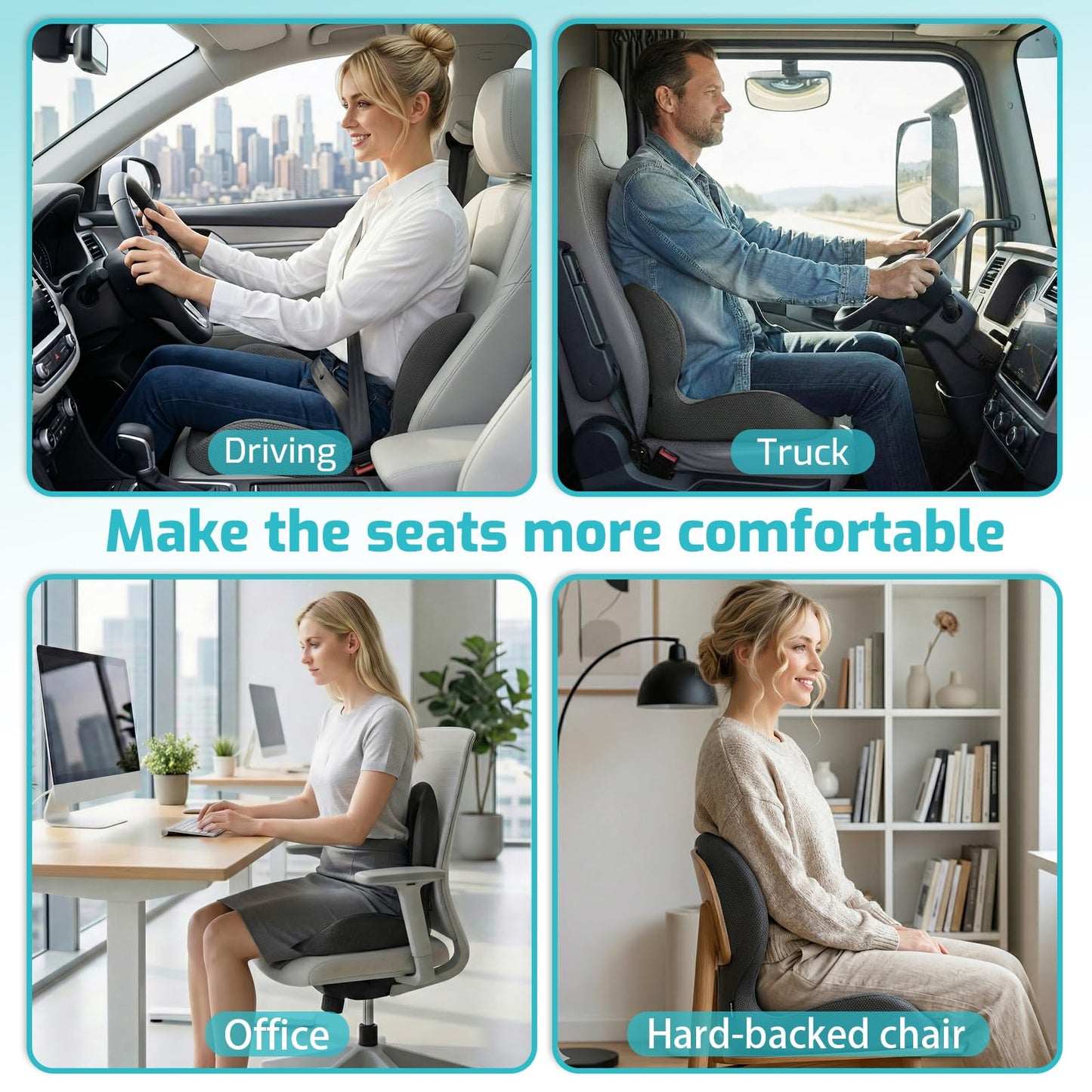 XZdream Memory Foam Seat Cushion,Office Cushion with Lumbar Support for Back Pressure Relief,Truck Seat Cushion with Adjustable Strap,for Car,Truck, Desk (Black+Mesh Cloth)