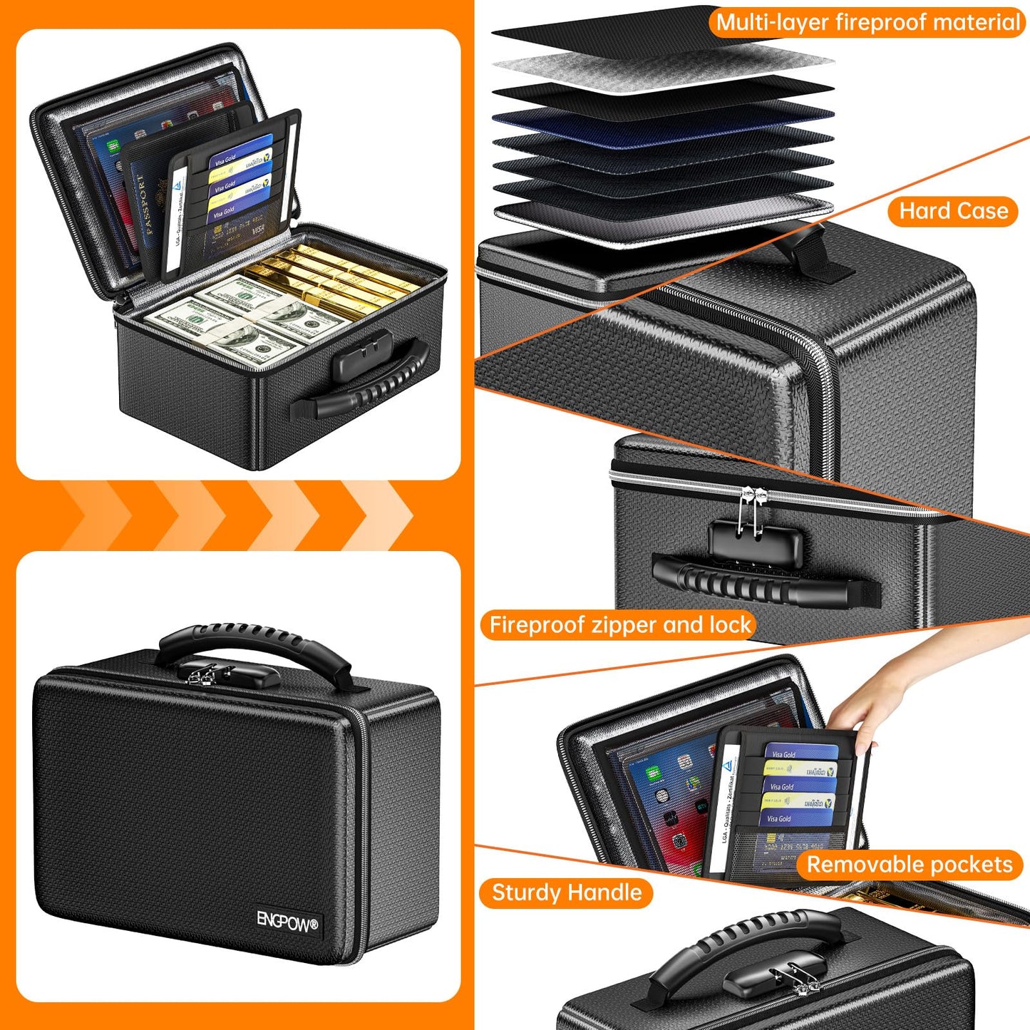 ENGPOW Fireproof Money Box, Small Hard Case Fireproof Box with Fireproof Zipper ＆ Lock, 6400°F Heat Insulated Fireproof Water Resistant Safe Box for Cash, A5 Document, Passport and More, Black