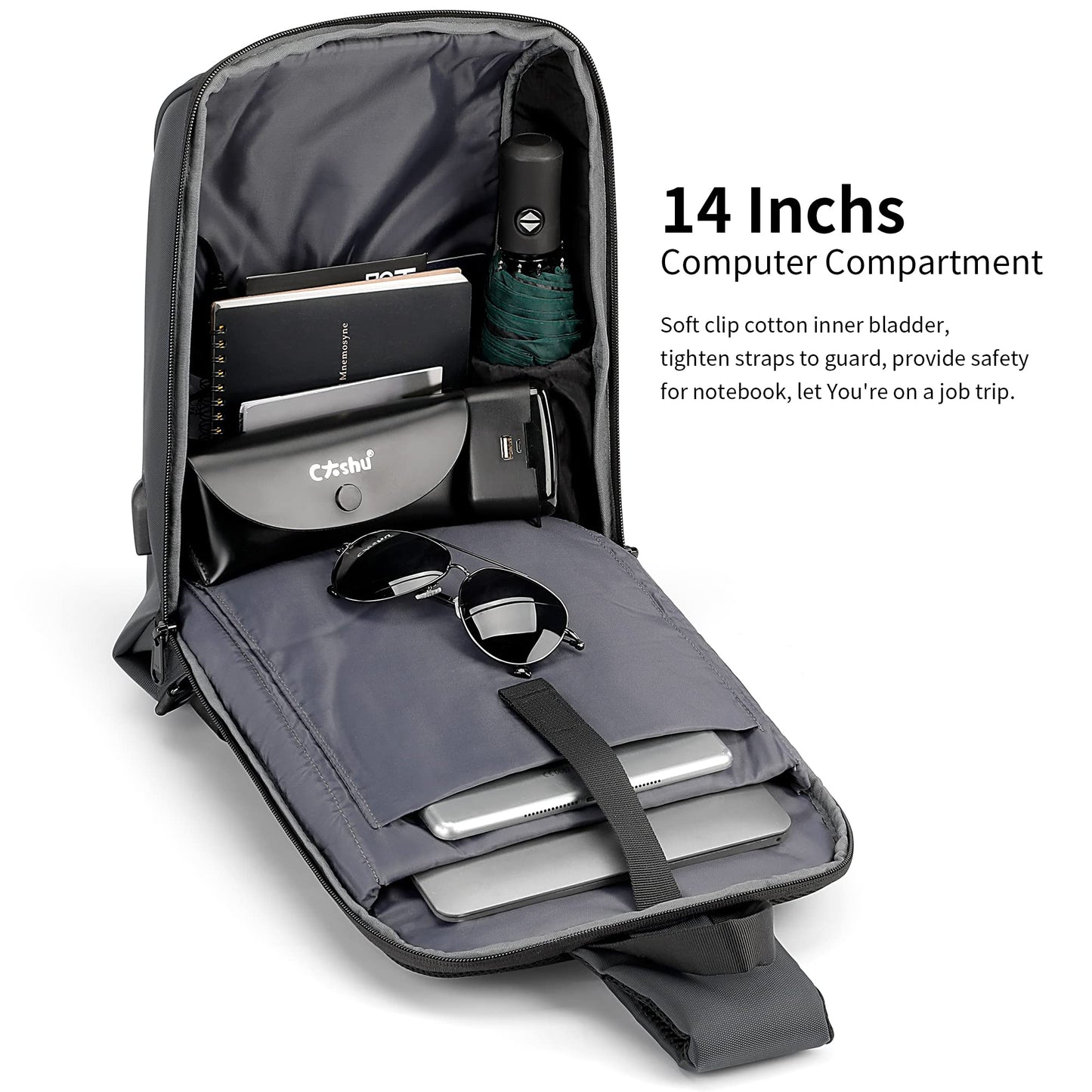 KINGSONS 13-inch anti-theft laptop sling backpack. Waterproof nylon, USB port, TSA lock, ideal for travel, hiking and camping (FG6301-Grey)