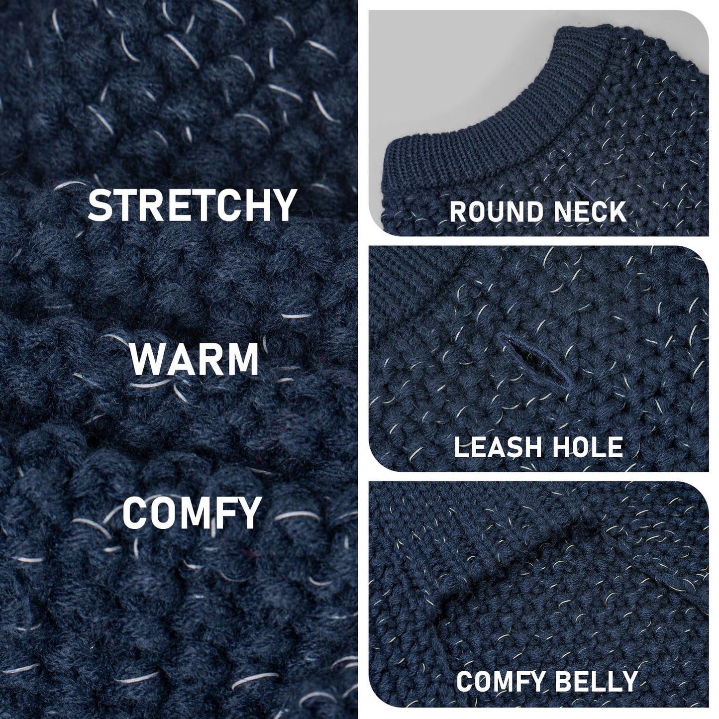KYEESE Classic Dog Sweater With Leash Hole - Large Size Warm Coat for Large Dogs, Stretchy With Reflective Yarn, Comfy Clothes, Navyblue, 3XL