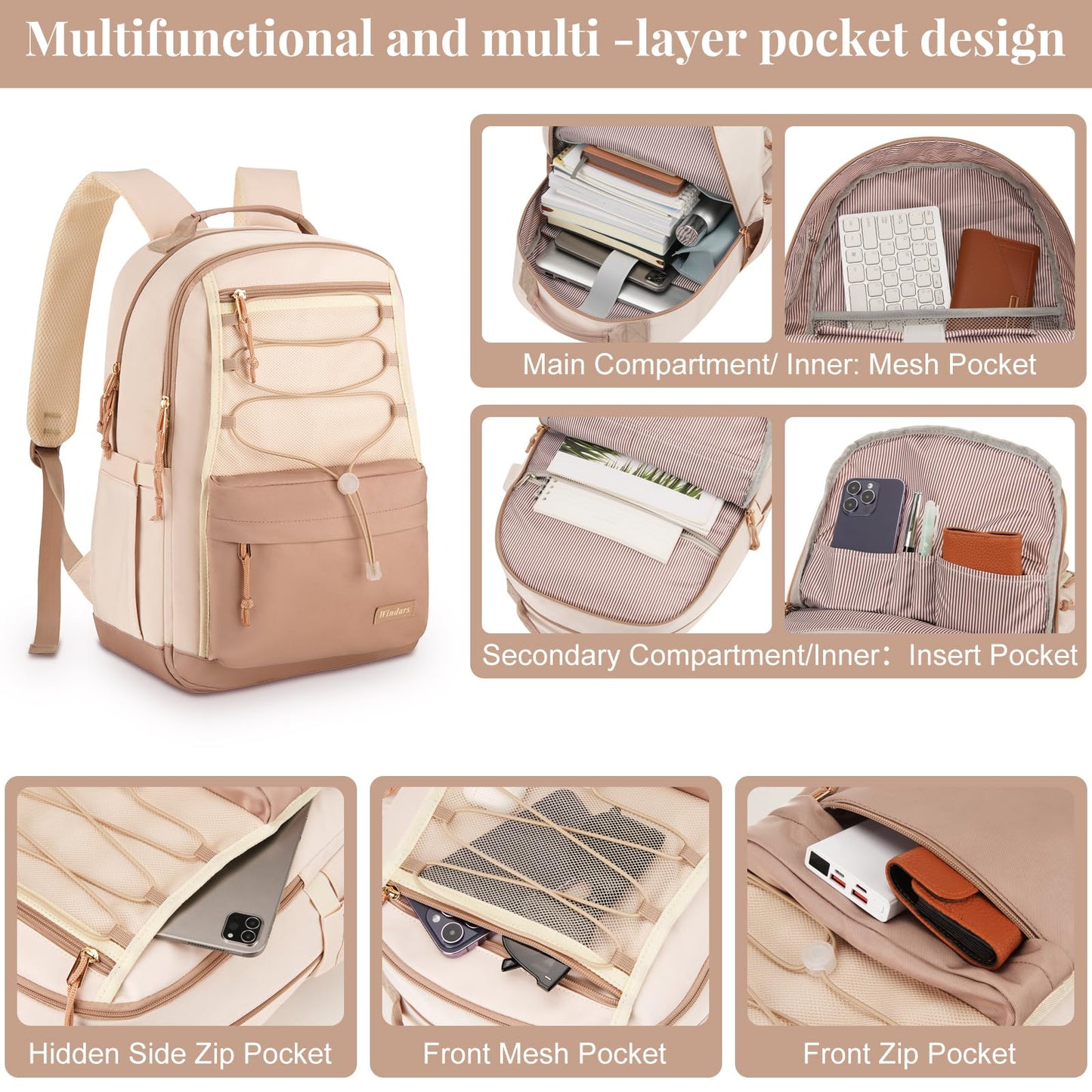 WINDARS School Backpack for Teens Girls, Aesthetic College Backpack Large Bookbag for Women Students Fashion 17.3 Inch Laptop Bag for Work Travel (Khaki Beige)