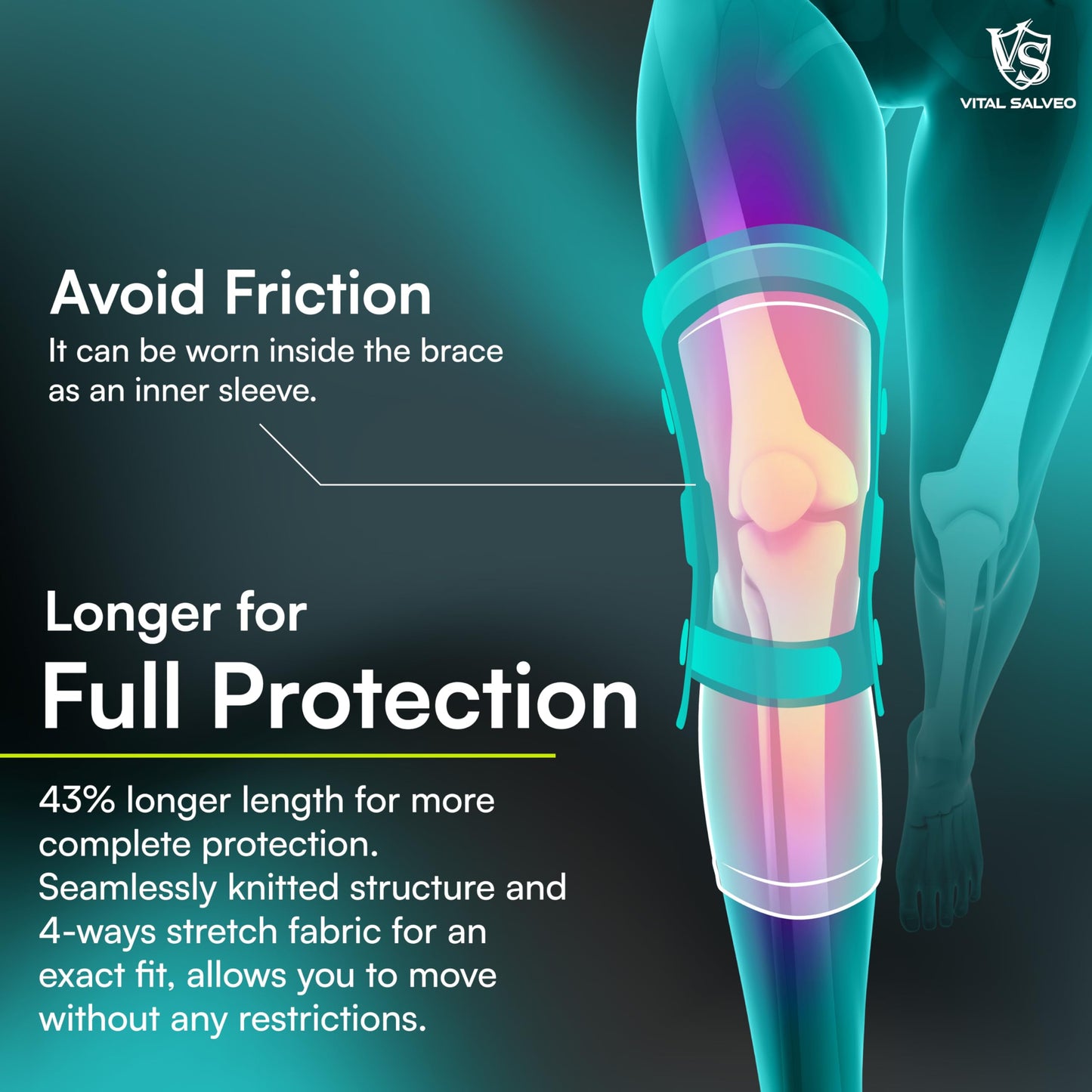 Vital Salveo-Sports and Outdoor Compression Long Knee Sleeves Support- Germanium Recovery Running, Basketball (1 Pair) XX-Large