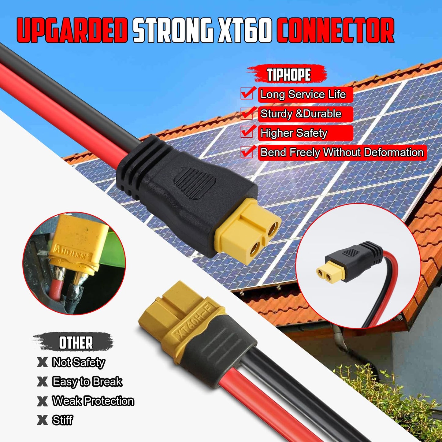 TIPHOPE Solar Connector to XT60 Adapter Extension Cable,12WAG 25FT Solar Panel to XT60 Adapter Cable for Solar Panel to RV Foldable Solar Panel, Portable Power Station, Solar Generator