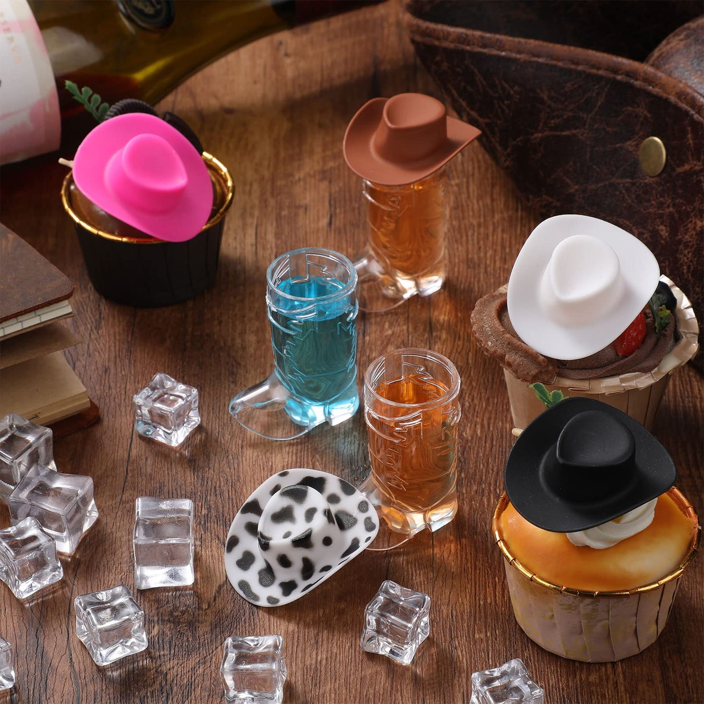 Sumind 80 Pcs Western Party Decoration Supplies Plastic Mini Cowboy Hats with 1 oz Miniature Cowgirl Cowboy Boot Shot Glasses