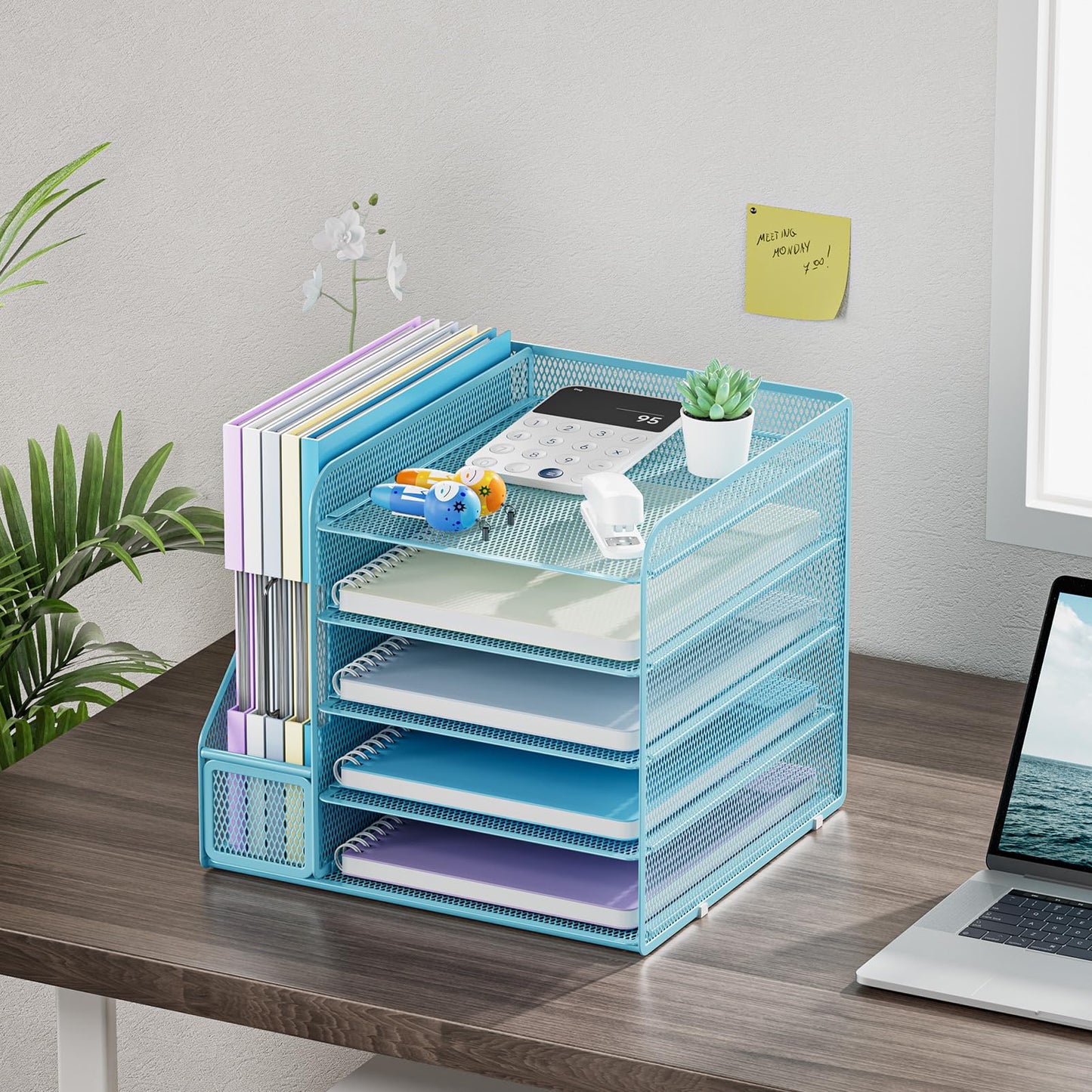 Marbrasse Desk Organizer with File Holder,5-Tier Paper Letter Tray,Metal Mesh Desk Organizers and Accessories,Organization and Storage for School, Home, Office(Blue)