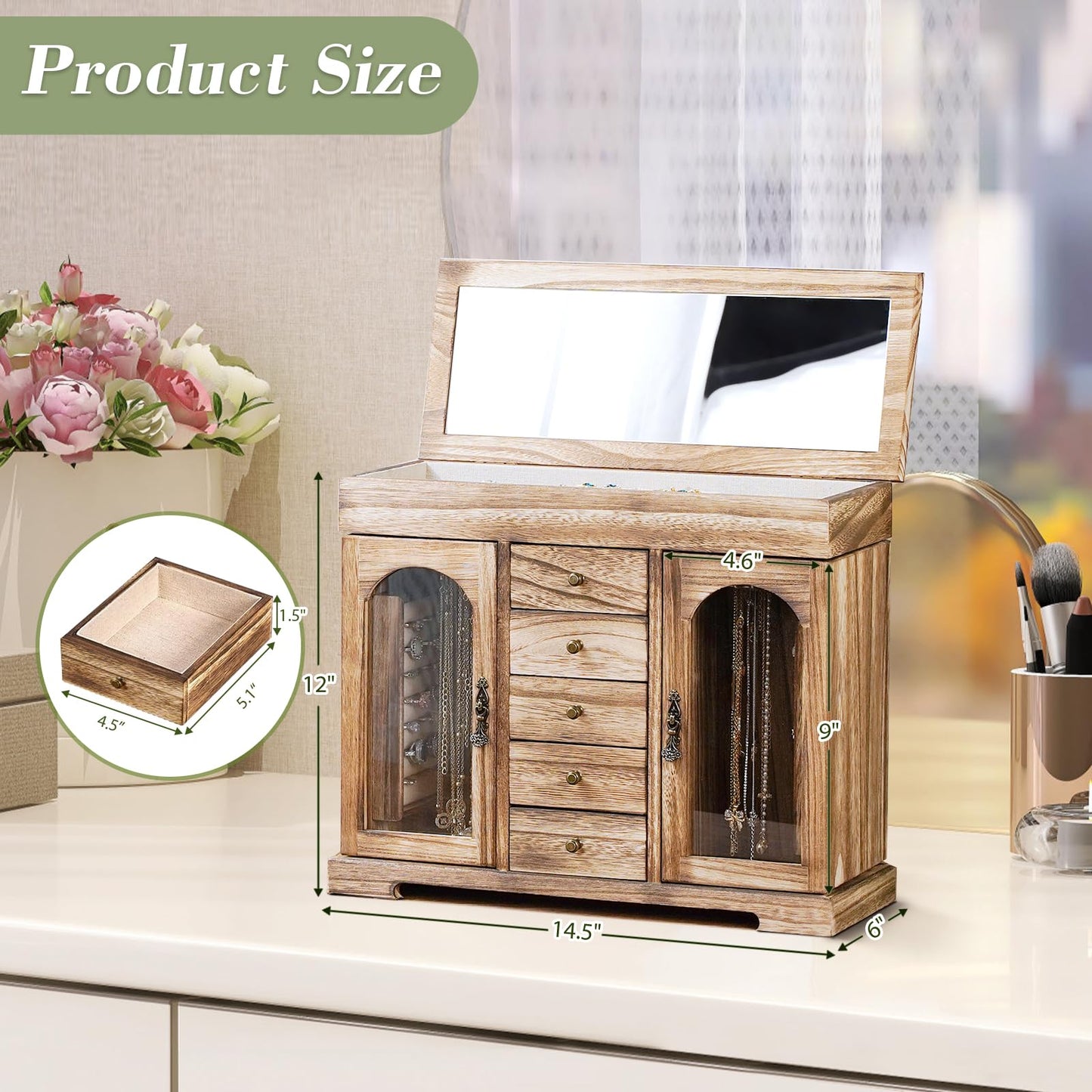 Emfogo Jewelry Box for Women Girls, Rustic Wooden Jewelry Organizer Box with Mirror, 5 Layer Jewelry Storage Case Display for Necklaces Earrings Rings Bracelets Valentine's Day Gifts