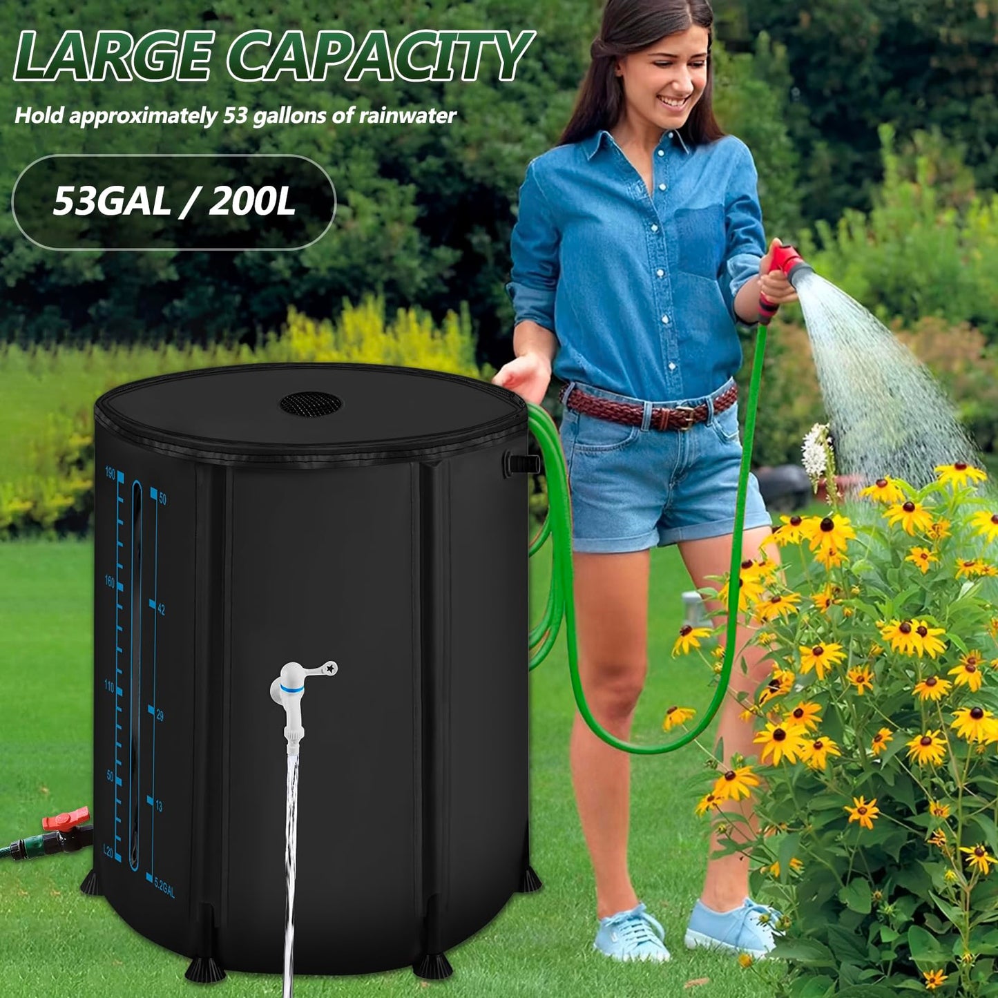 53Gallon/200L Rain Water Collection Barrel, Portable PVC Rain Barrels to Collect Rainwater from Gutter, Large Capacity Rainwater Collection System with Water Level for Garden Water Catcher, Black