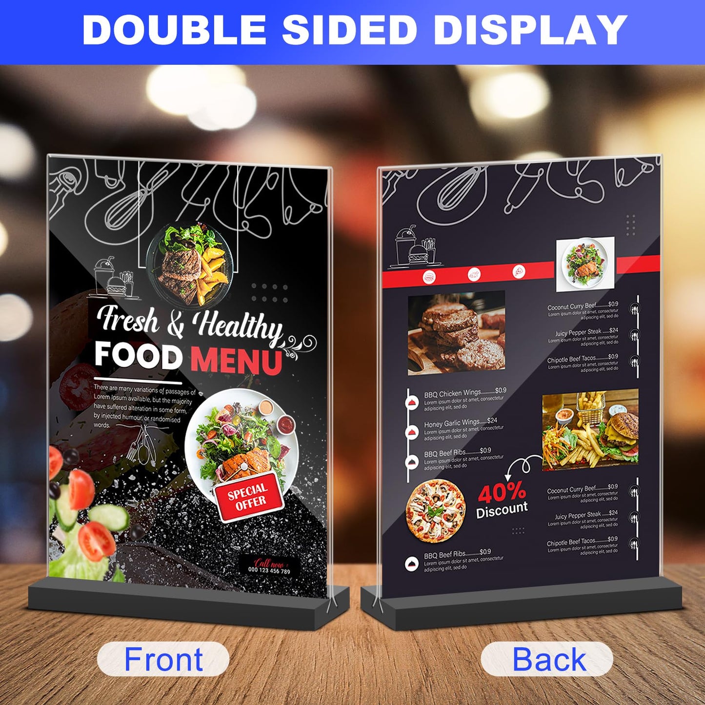 Acrylic Sign Holder 5x7 Inches, 12 Packs Vertical T Shape Desktop Display Stand, Double Sided Clear Table Menu Flyer Holder for Restaurants, Office, Shop, Wedding - Black