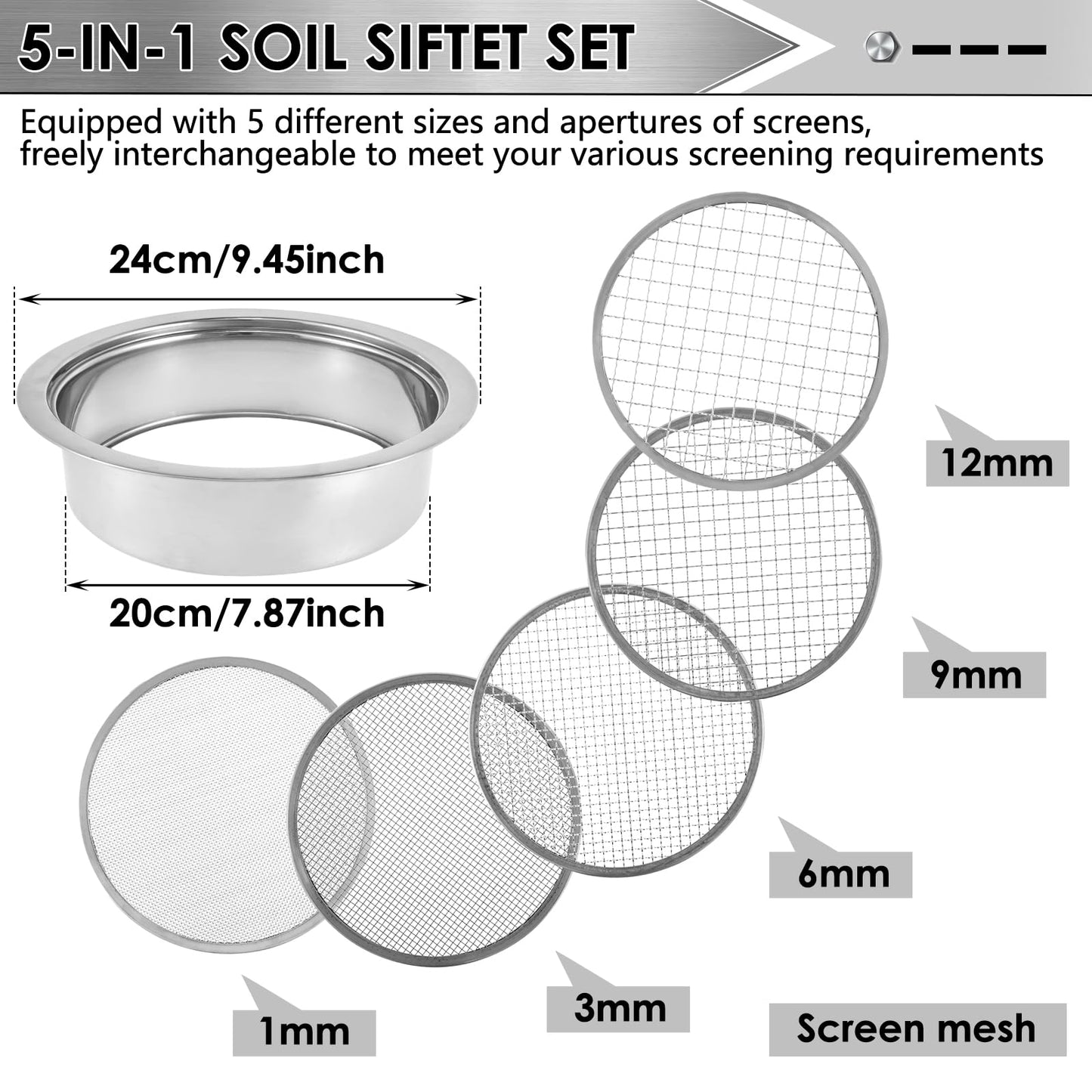 UKQRRTC Multi-Purpose Soil Sieve Tool Set, Stainless Steel Soil Sifter with Shovel and 5 Interchangeable Meshes, 1/3/6/9/12mm Suit for Gardening, Mealworm Sorting, Gold Panning, and Lab Testing