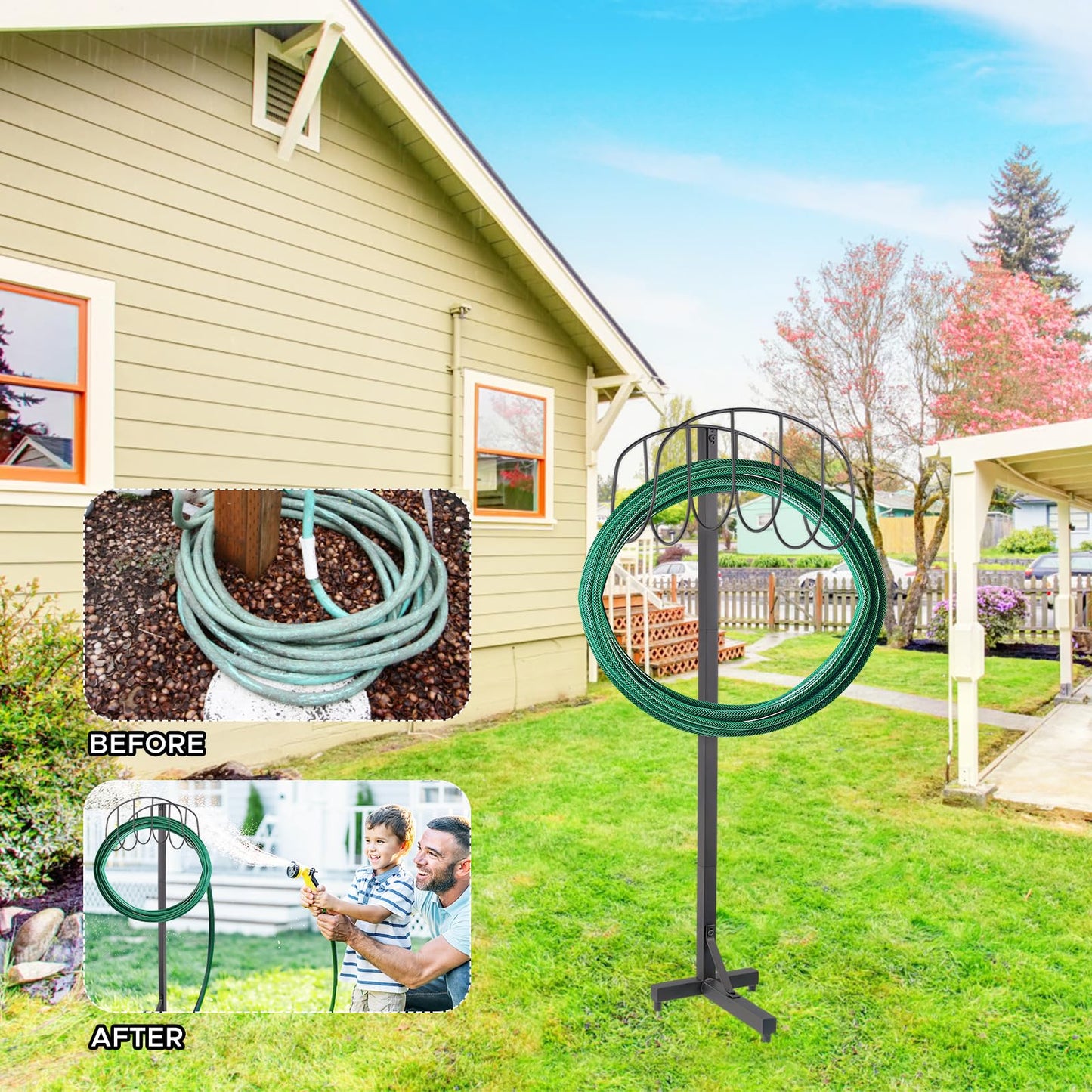LooKu Garden Hose Holder Outdoor Water Hose Stand Holder 43 Inch Height Free Standing Ground Hose Hanger for Yard Organizer