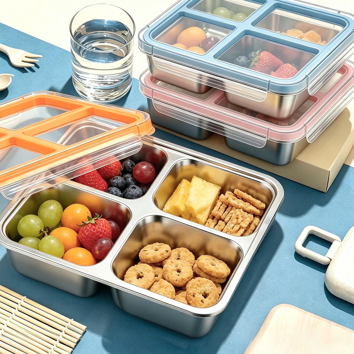 WOODOUNAI 3 Pack Stainless Steel Snack Containers with Lids, 4 Compartment 24.3 Oz Easy Open Leak Proof Stainless Steel Lunch Box, Reusable Snack Box Container for Meal Prep School Picnic Travel
