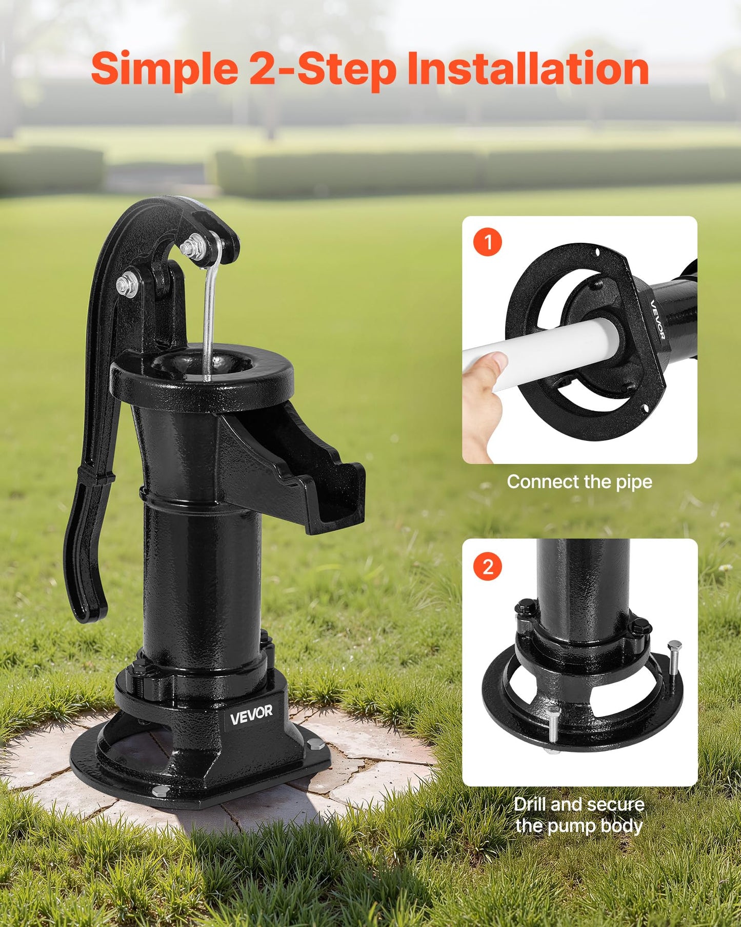 VEVOR Well Hand Pitcher Pump, 25 ft Maximum Lift, Antique Cast Iron Manual Hand Water Pump, NPT 1-1/4 in Connection, Easy Installation, Old Fashioned for Outdoor Garden, Pond, Backyard, Farm, Black