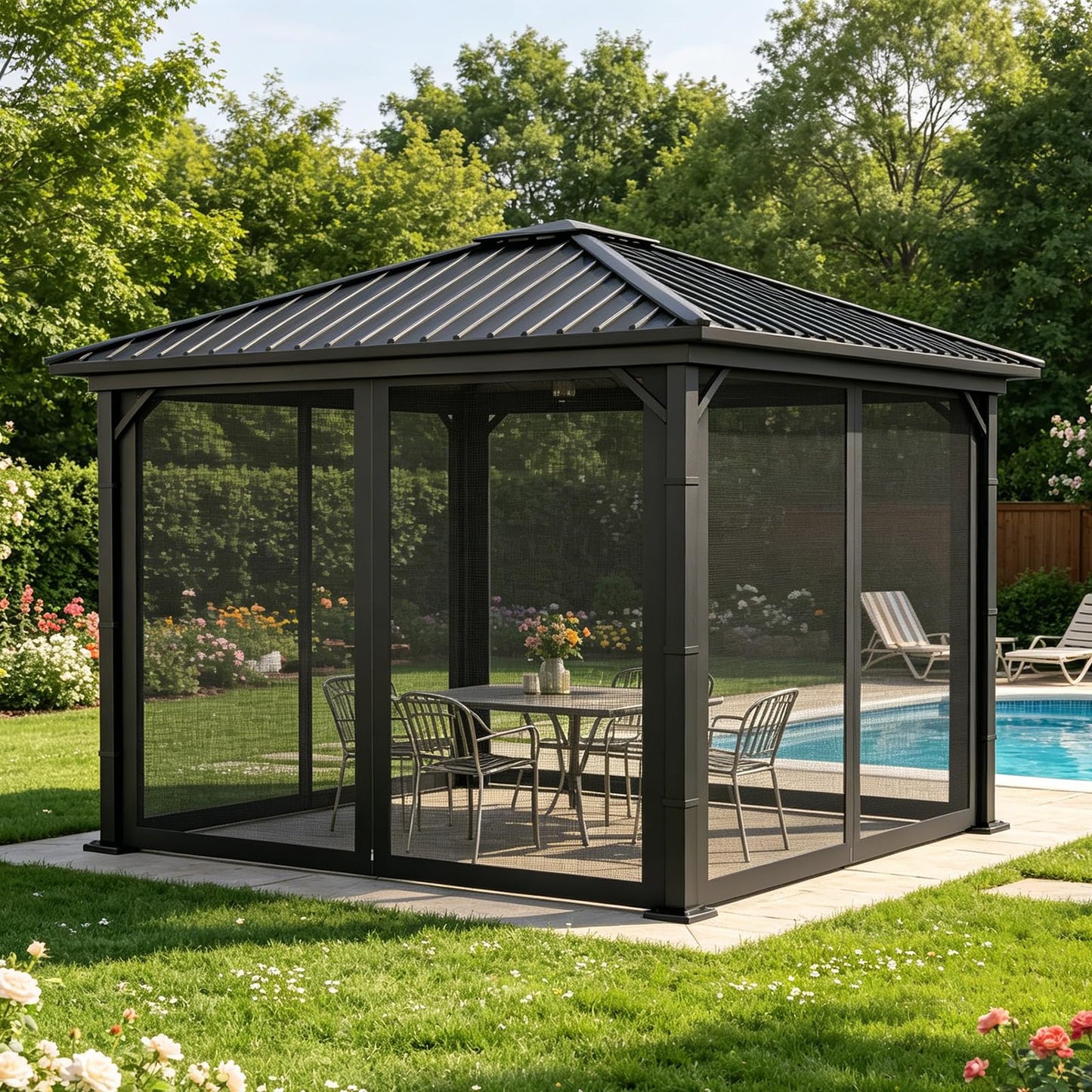 Mosquito Net Screen Walls for Outdoor Gazebo Canopy, 4-Panel with Zipper, Patio Tent Netting (Black, 10 * 10 FT)