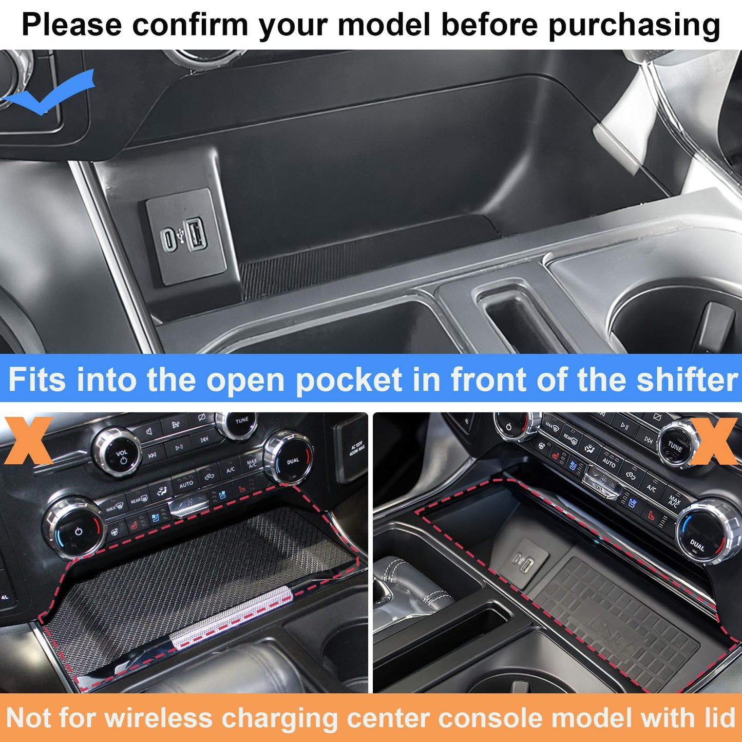 Center Console Organizer for 2021-2025 2026 Ford F150 & 2022-2026 F150 Lightning XLT Pro, Hidden Storage Tray with USB Hole Accessories (Fits into The Open Pocket in Front of The Shifter)