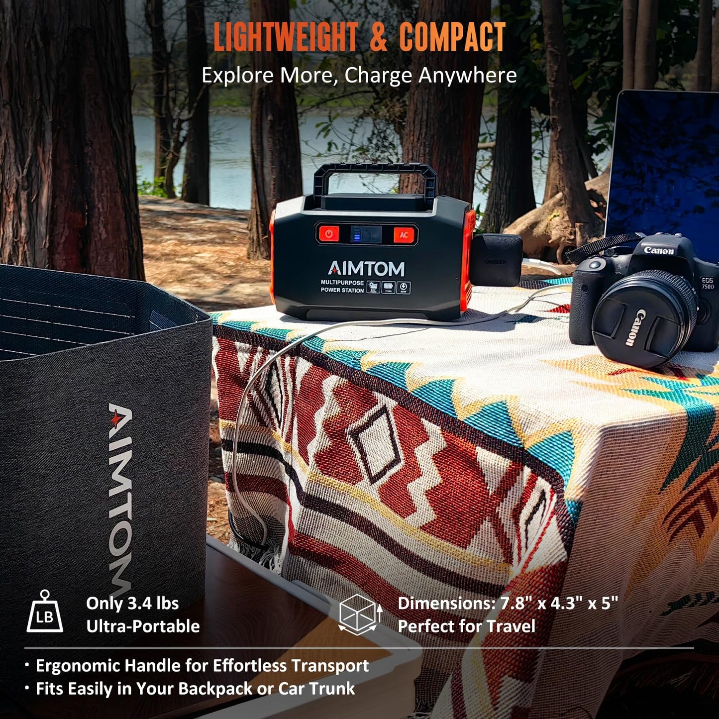 AIMTOM Portable Power Station 173Wh Lithium Battery, 200W AC Outlet (250W Surge), 18W USB-C, 2x USB-A, 2x 12V DC Outputs, LED Flashlight – Ideal for Camping, Travel, Emergency Backup, RV, Home Use